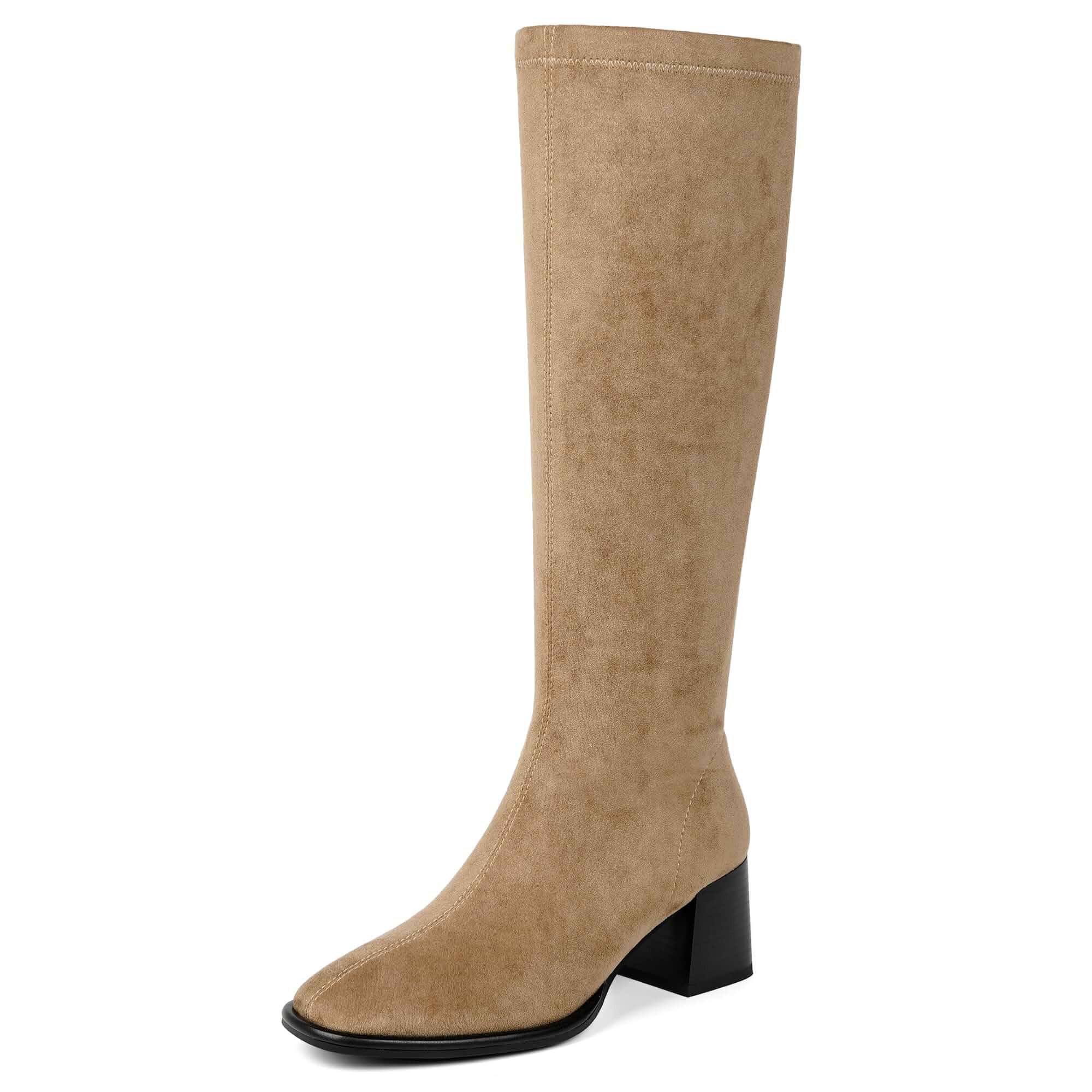 VIUGJNEX Knee High Boots Women Stretchy Chunky Heel Square Toe Tall Boots 2.36-in Mid Heeled Boots, Elastic Long Boots with Side Zipper, 2026 Comfort Fall Winter Boots for Daily & All Occasions