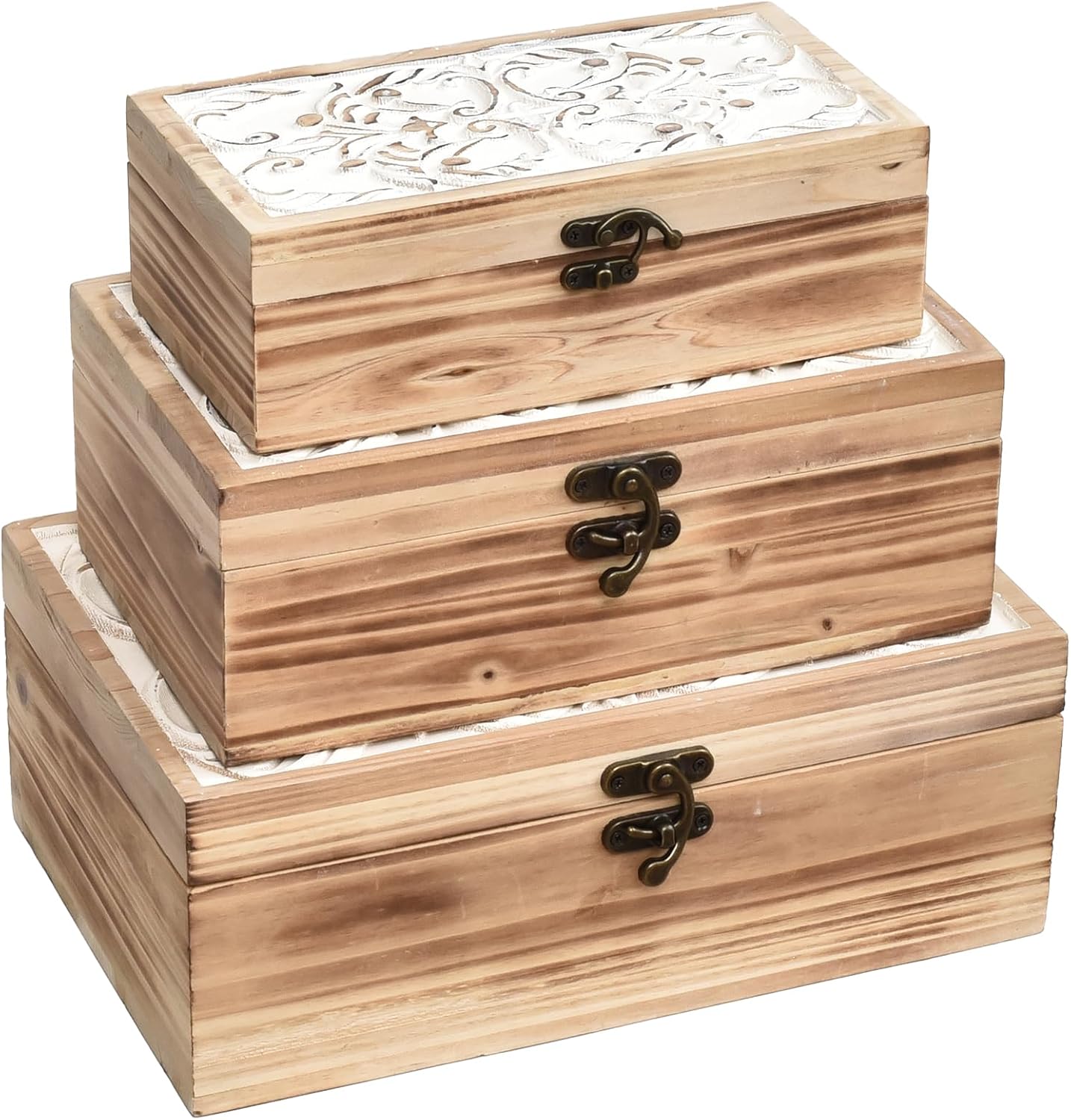 Wooden Box Set of 3 - Rustic Farmhouse Decorative Boxes with Hinged Lid and Carved Design