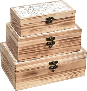 Wooden Keepsake Box Set of 3 - Decorative Storage Boxes with Hinged Lid | Rustic Farmhouse Decorative Boxes and Carved Design