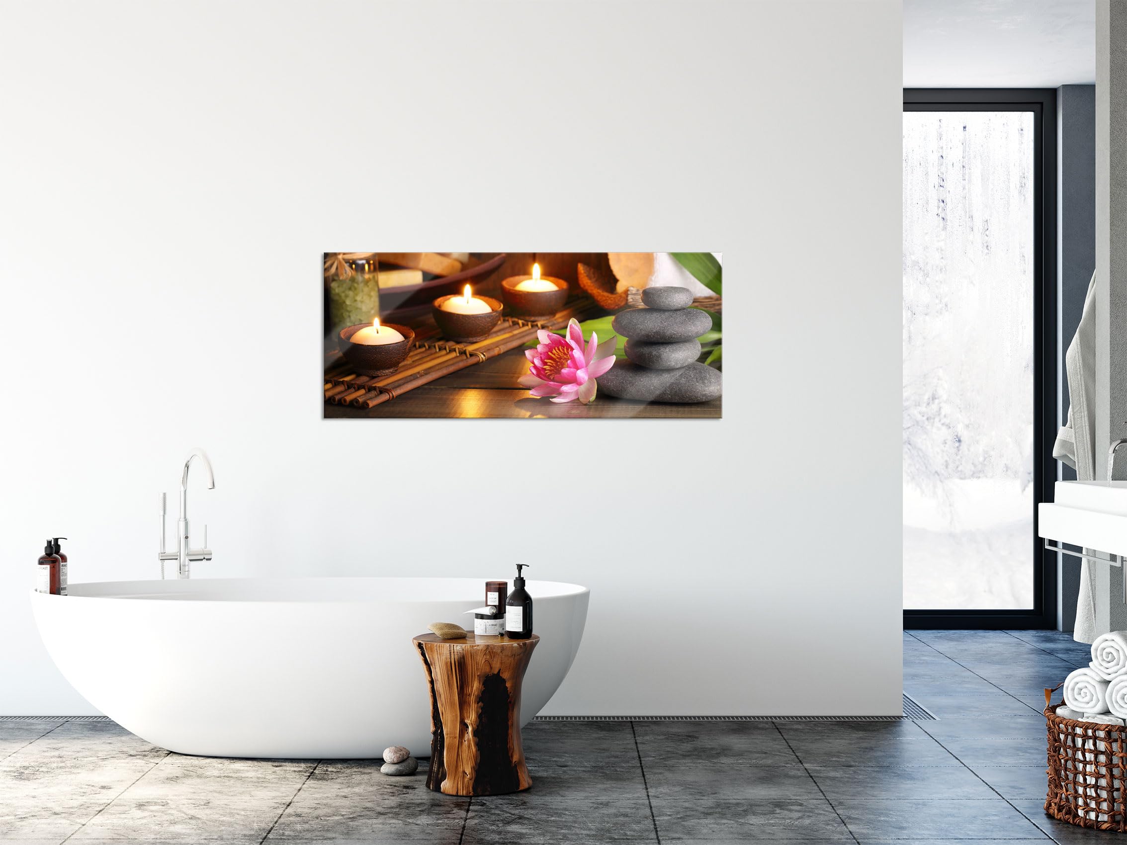 Pixxprint Candele con Pietre Zen e ninfea Stampa su Tela 60x40 cm Artistica murale