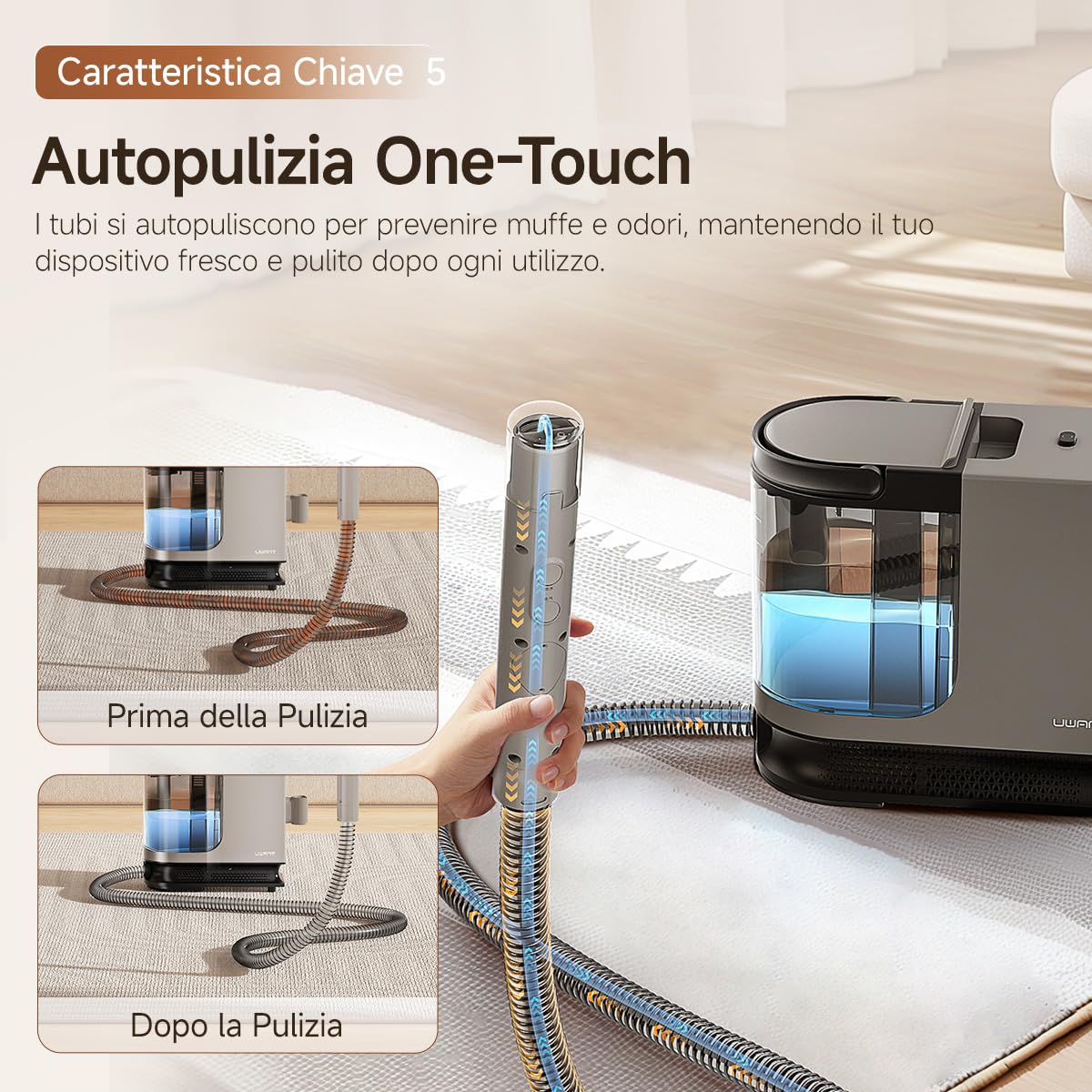 uwant Y200 Steam Lavamaterassi Lava e Aspira 1750W Lavatappeti E Divani Lava E Asciuga Igienizza 99.9% Pulitore a Vapore per Divani Tappezzerie, Tappeti 100°C Autopulizia 4 Testine