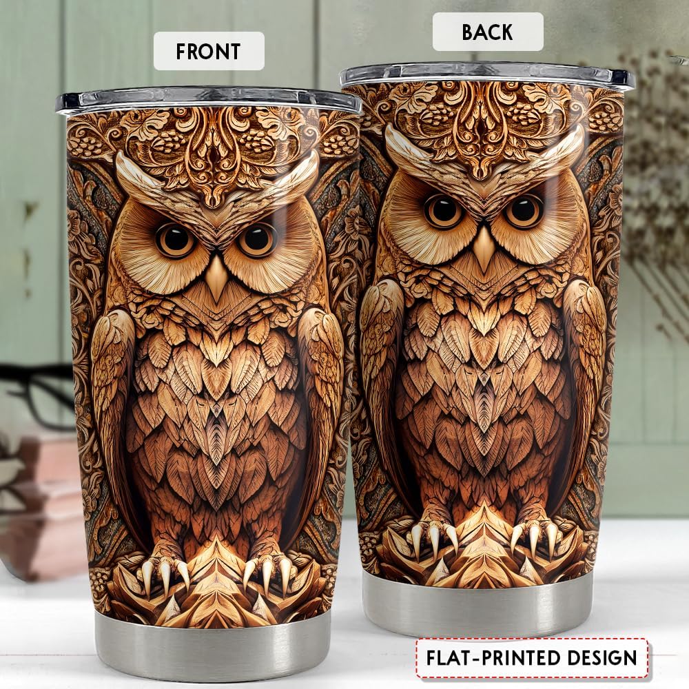 SANDJEST Owl Tumbler 20oz Stainless Steel Insulated Tumblers Coffee Travel Mug Cup Wood Drawing Style Owls Gifts for Women Men Gift for Birthday Christmas - Image 2