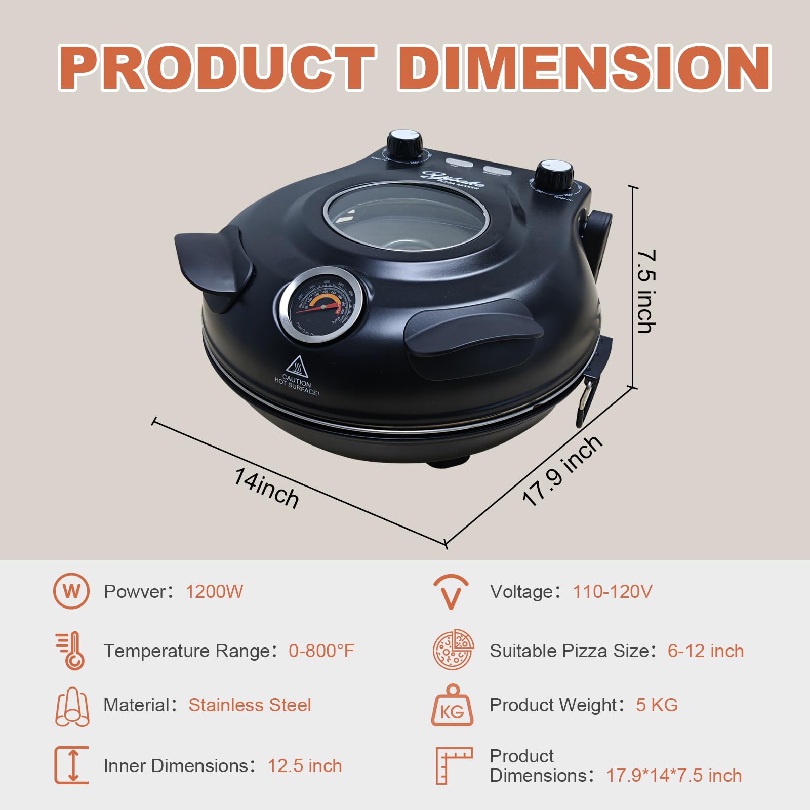 Electric Pizza Maker, 12 Inch Countertop Pizza Oven with Pizza Stone, 1200W Indoor Italian Style Pizza Cooker, Dual Heating with Independent Temperature Control, Heats Up to 800°F, Black - Additional View