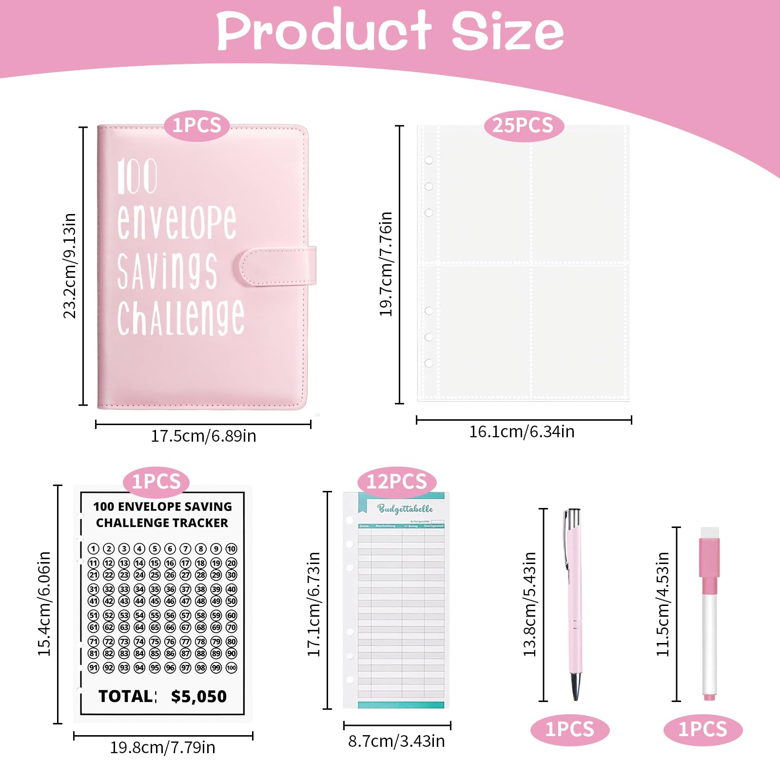 Classeur de Défi 100 Enveloppes A5 Budget Cahier avec Stylo Feuilles Rose