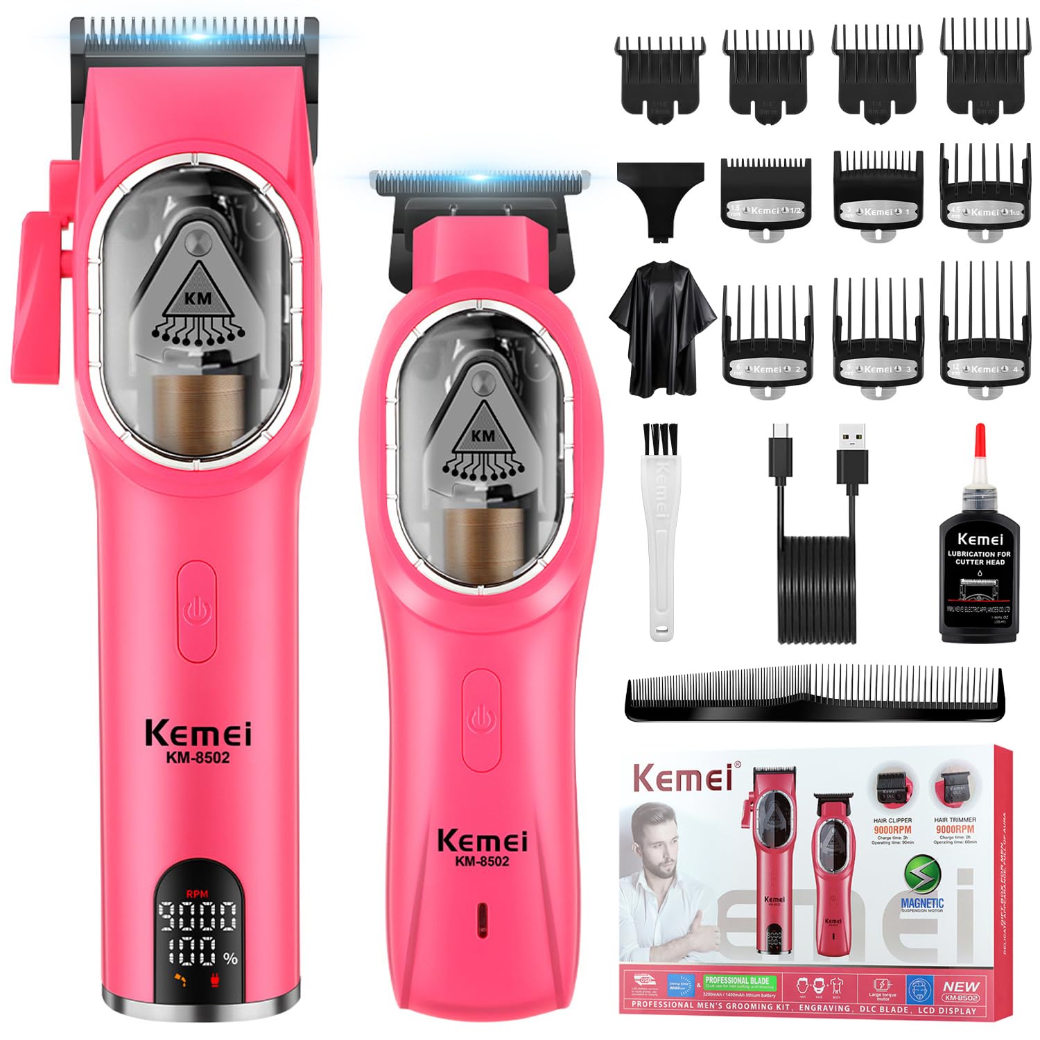 KEMEI 8502 - Set di tagliacapelli professionali da uomo, kit elettrico senza fili, set di tagliacapelli da barbiere, lame DLC, motore da 9000 giri/min, ricaricabile tramite USB di tipo C