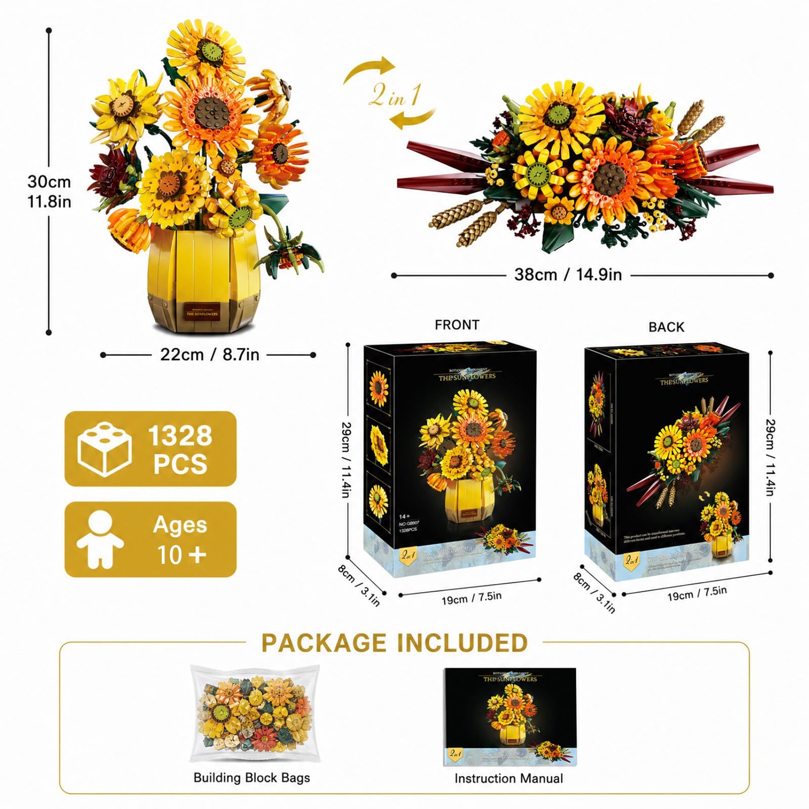 Sosuy Set Costruzioni Girasole, Quadro Floreale da Parete 2-in-1 con Cornice, Decorazione Casa, Gioco STEM per Donne Adulte Ragazze, Regalo Compleanno Donna 1011+ Pezzi