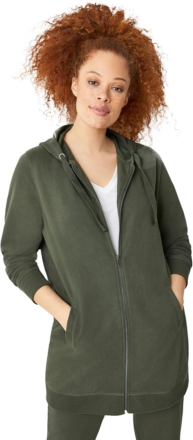 ellos Women’s Plus Size Long Zip Front Hoodie French Terry Long Oversized Lightweight Jacket