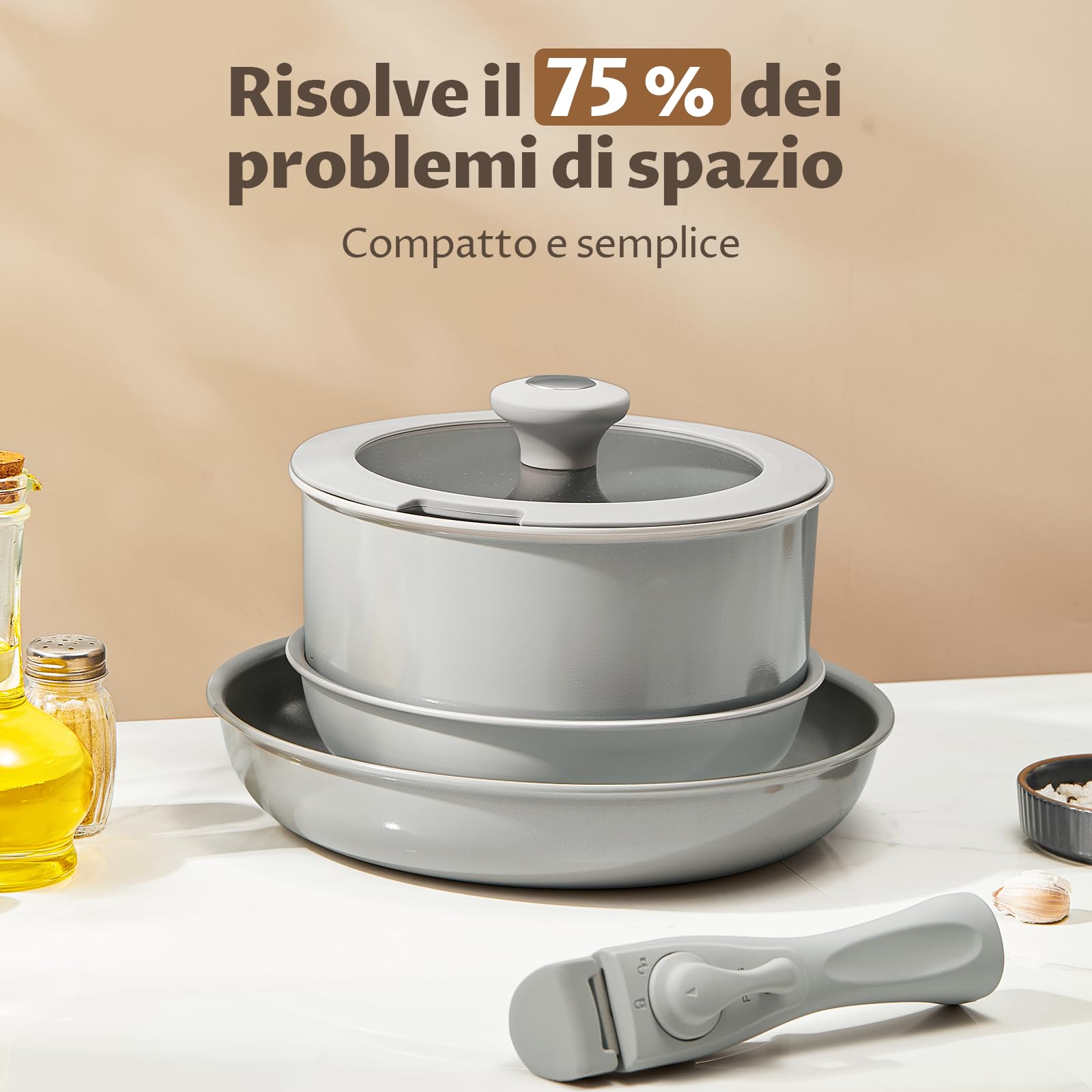 BLAZANT Set di 7 Pentole e Padelle, Padelle Antiaderenti in Ceramica | Riscaldamento uniforme, Manici Rimovibili per Campeggio, Salvaspazio, Non Tossiche, Senza PTFE, Senza PFOA