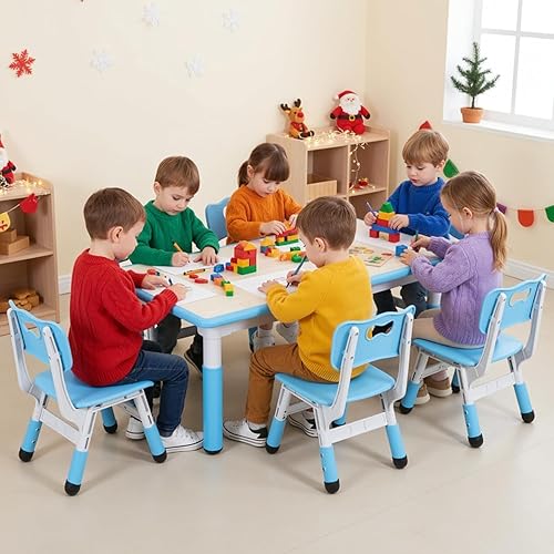 Miniatura 8 de Arlopu Juego de mesa y 6 sillas para niños, escritorio de graffiti ajustable en altura, mesa de manualidades para actividades preescolares, para