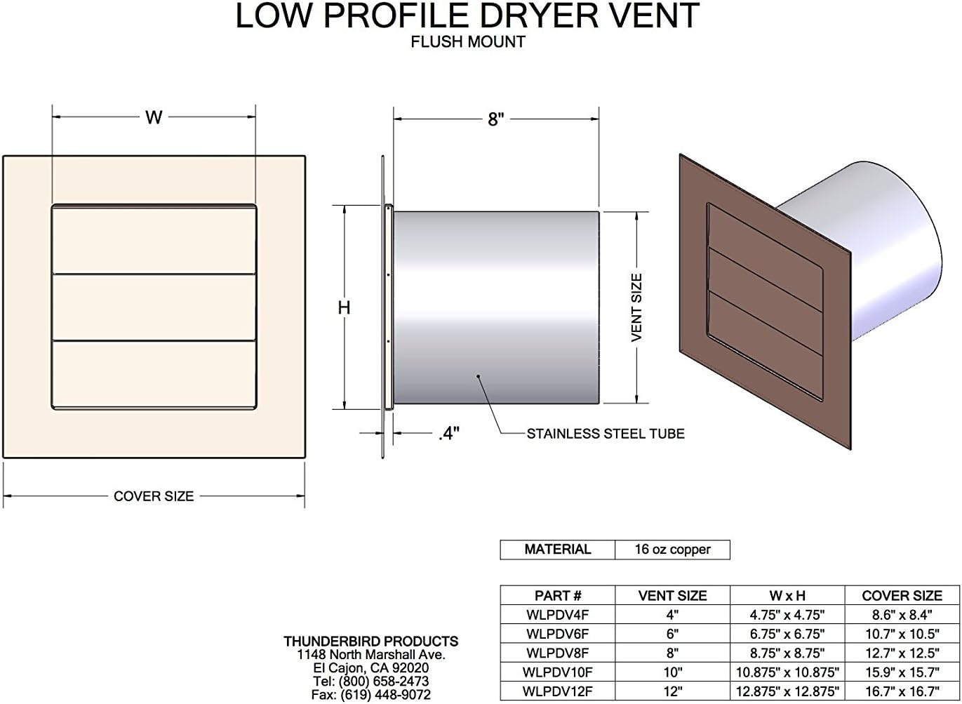 Copper Low Profile Louvered Dryer Vent - Exhaust Vent (4"-12") Duct Size: 4", Mount Type: Flush