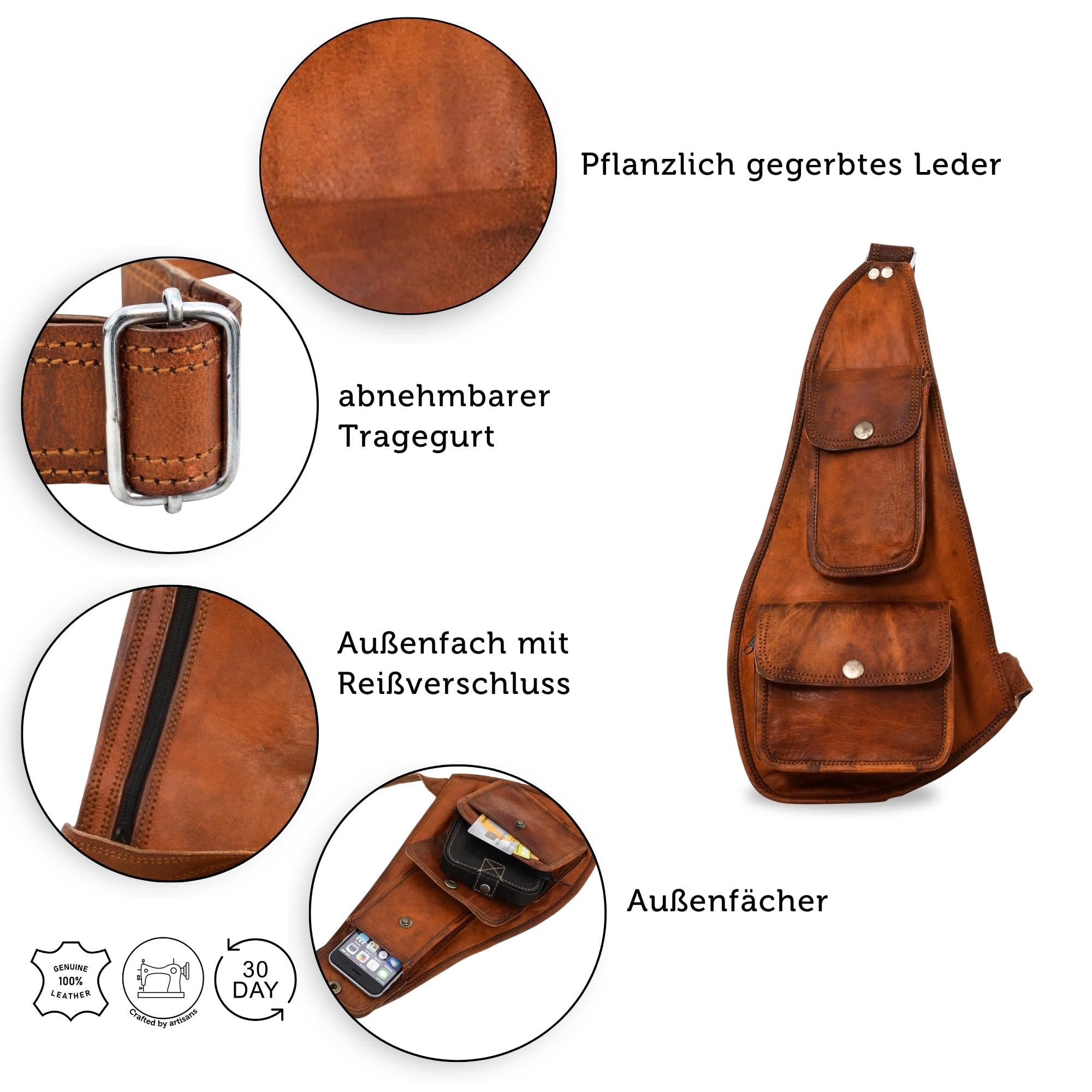 Gusti Slingpack Leder - Joan Umhängetasche Lederrucksack Vintage Retro Braun Leder