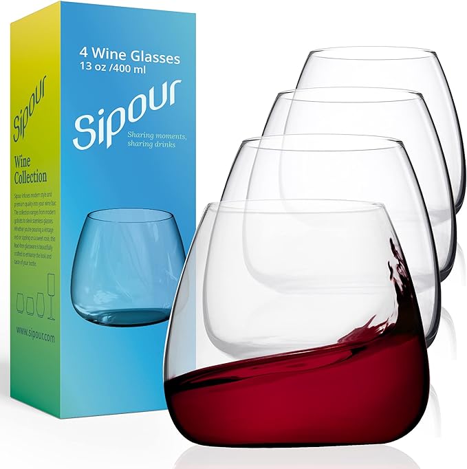 Sipour Stemless Wine Glasses Set 4 (13.5 oz) HandBlown Crystal LeadFree Short
