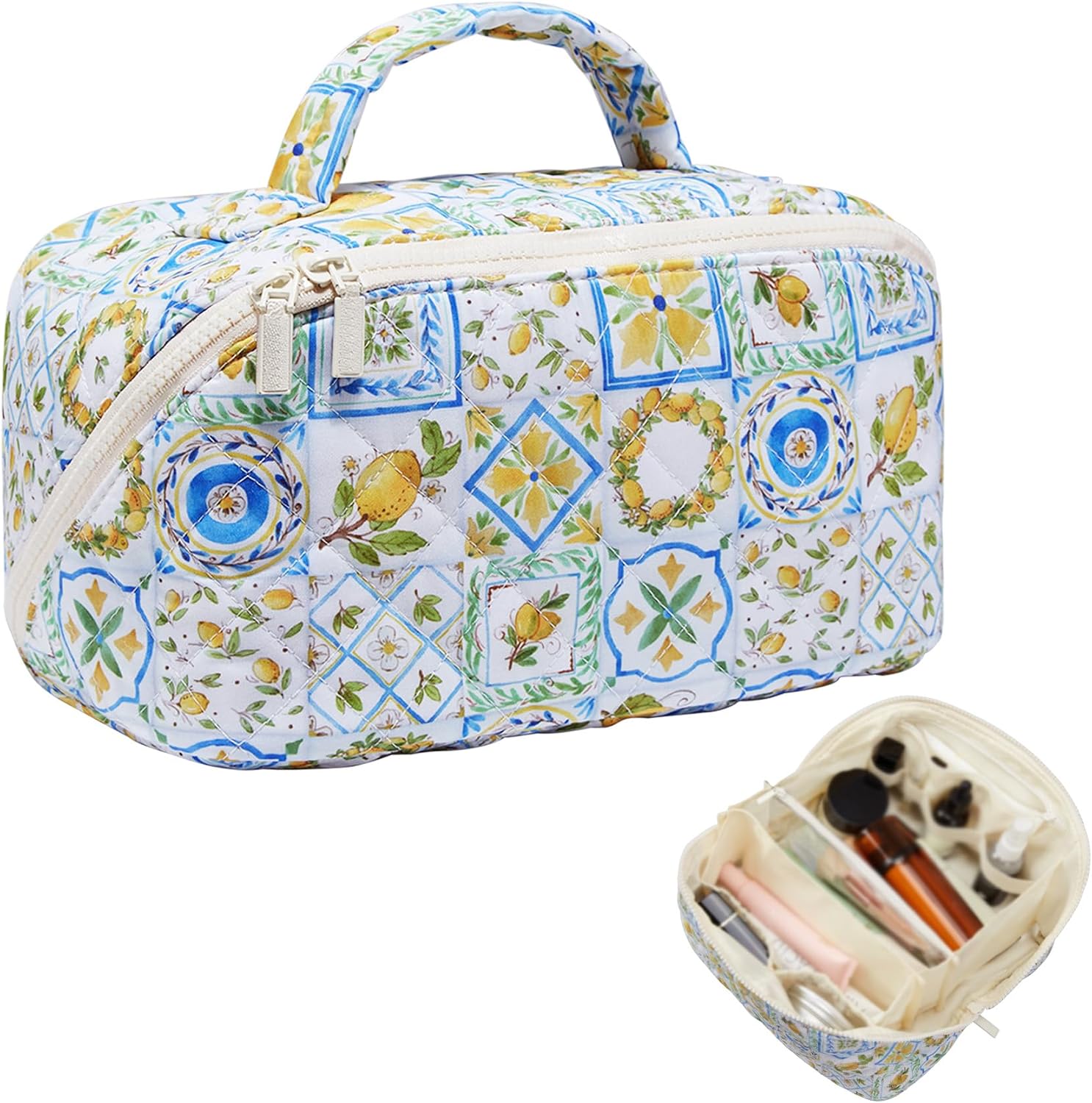 COSHAYSOO Large Lay Flat Quilted Travel Cosmetic Bags Organizer for Women Make Up Skin Care Brush Storage, 25th 30th 40th Birthday Gifts for Mom Sister Summer Beach Vacation Essentials Lemon Decor
