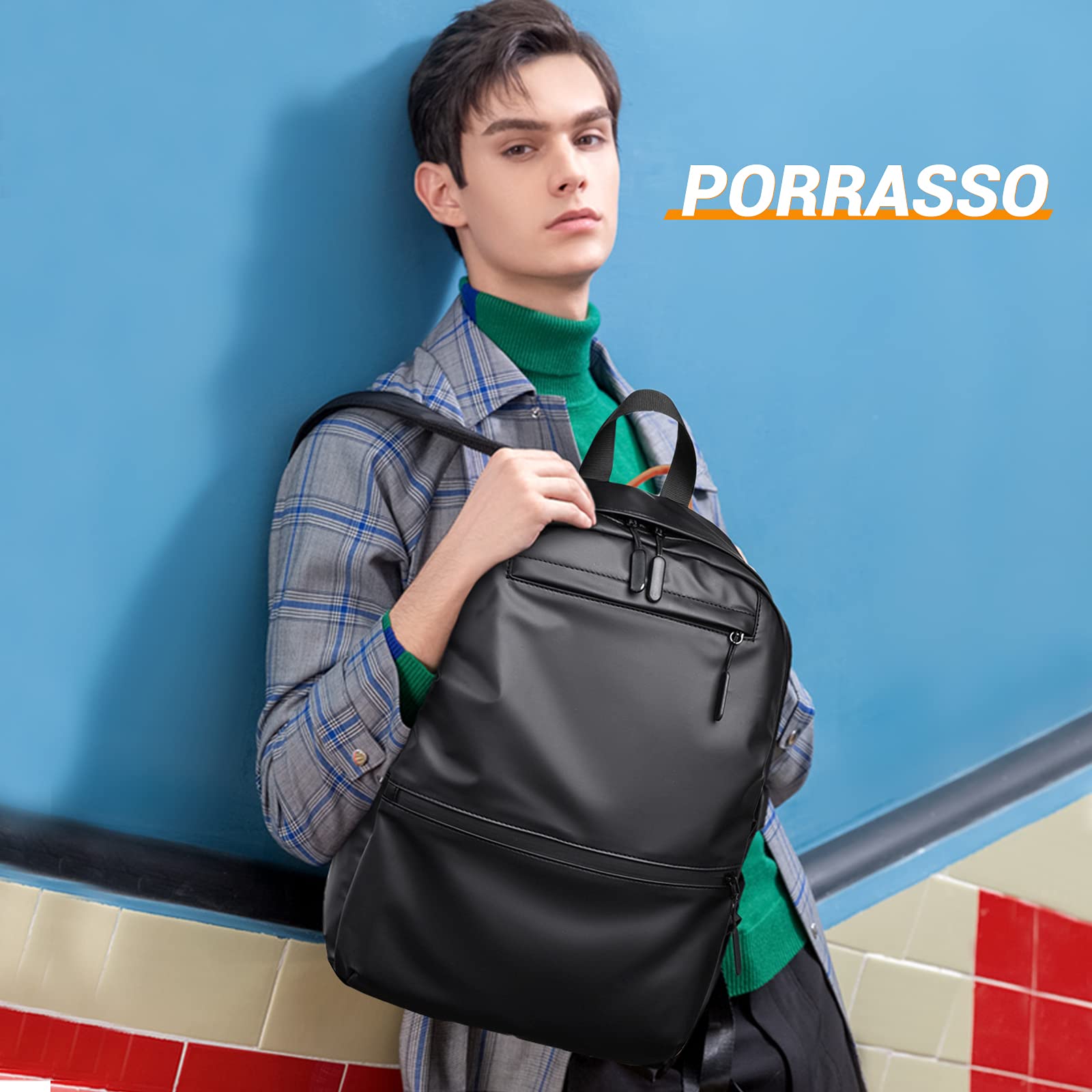 PORRASSO Men Backpack Causal Daypack Laptop Rucksack 14 Inch Laptop Waterproof Backpack for Travel Daily Use Black