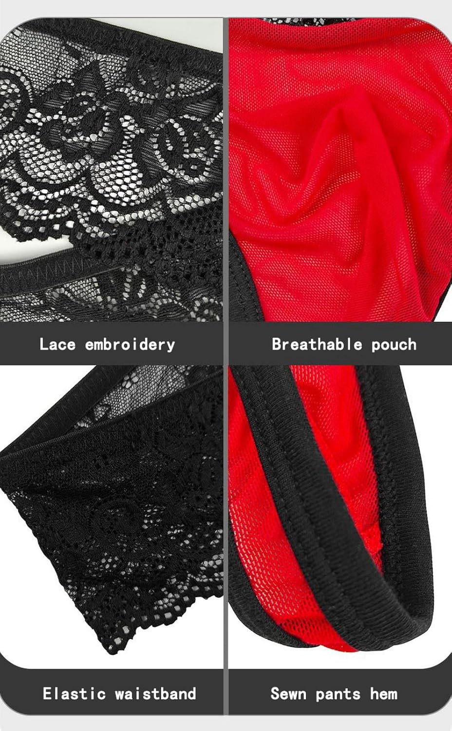 Men Panties G-String Lace Waist Underwear Mesh Pouch Sexy Thong Underpants See-Through Lingerie