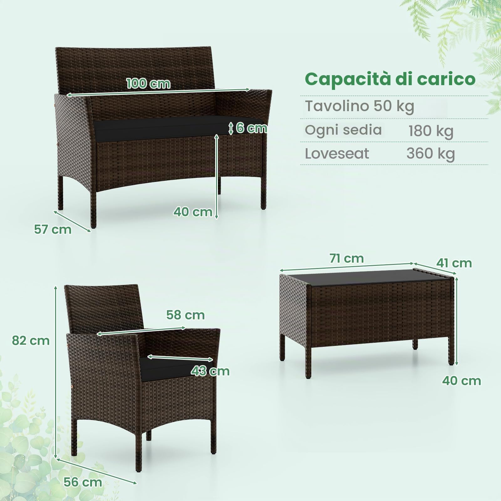 Giantex Set di mobili da giardino in rattan, 4 pezzi, con divano a 2 posti, tavolo e 2 sedie, mobili da terrazza con cuscini per 4 persone, per esterni, per balcone, terrazza e giardino (nero)