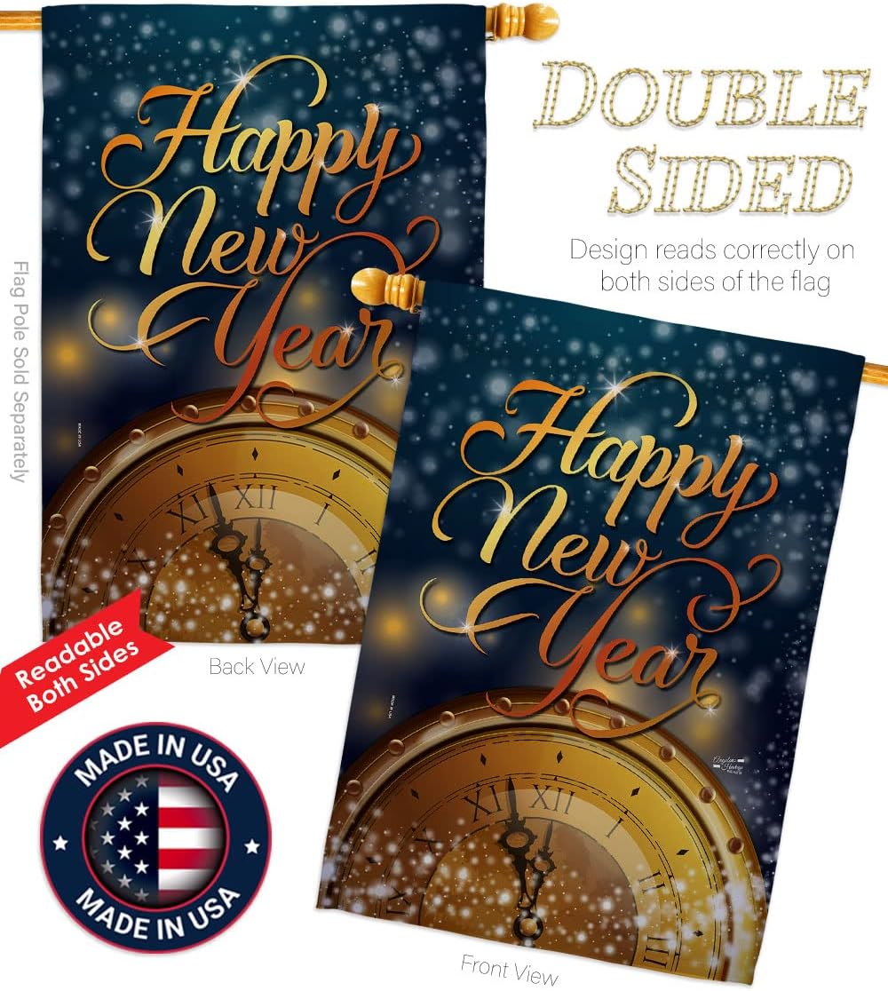 Countdown New Year House Flag Winter Clock Champagne Party Fireworks Celebrate Decoration Banner Small Garden Yard Gift Double-Sided, Made in USA