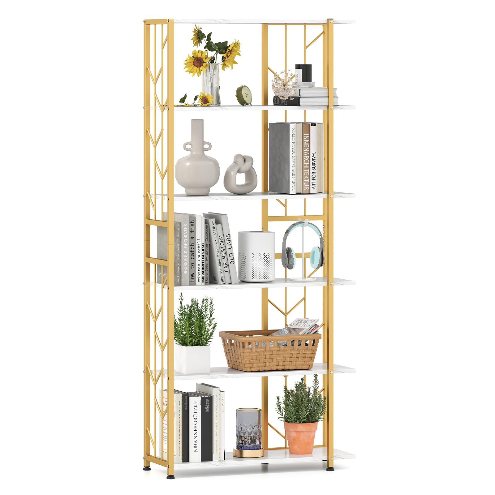GIANTEX Librería de 6 Niveles con Estructura de Metal y Estantes Abiertos, 80 x 31 x 180 cm, Estantería de Almacenamiento para Salón, Oficina, Estudio (Blanco+Dorado)
