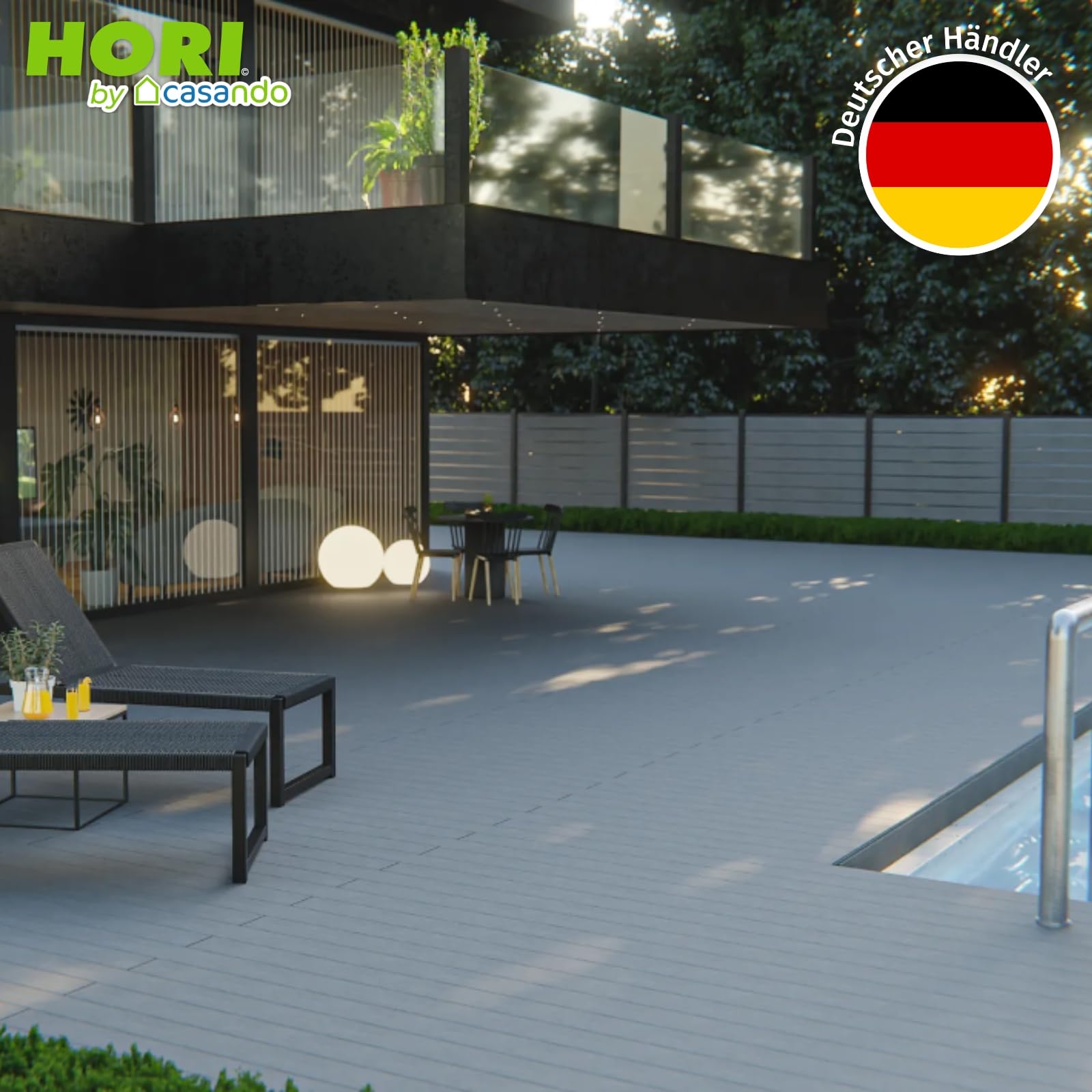 HORI WPC Terrassendielen Komplettset Mauritius verschiedene Farben - Massivdiele, beidseitig nutzbar, inkl. Unterkonstruktion & Clips Fläche: 15 m² - 320 cm Dielenlänge - Grau