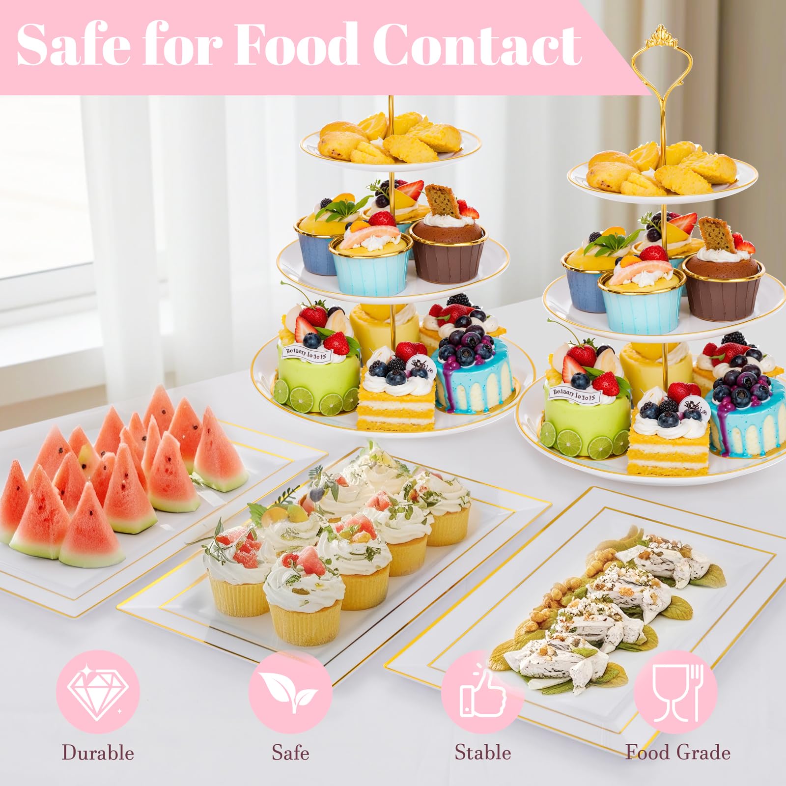 supernal Soportes para cupcakes de 3 niveles, 6 bandejas de plástico, 4 soportes para postres para cupcakes, juego de bandejas de fiesta, platos para tartas incluye 6 bandejas de pastelería, 4