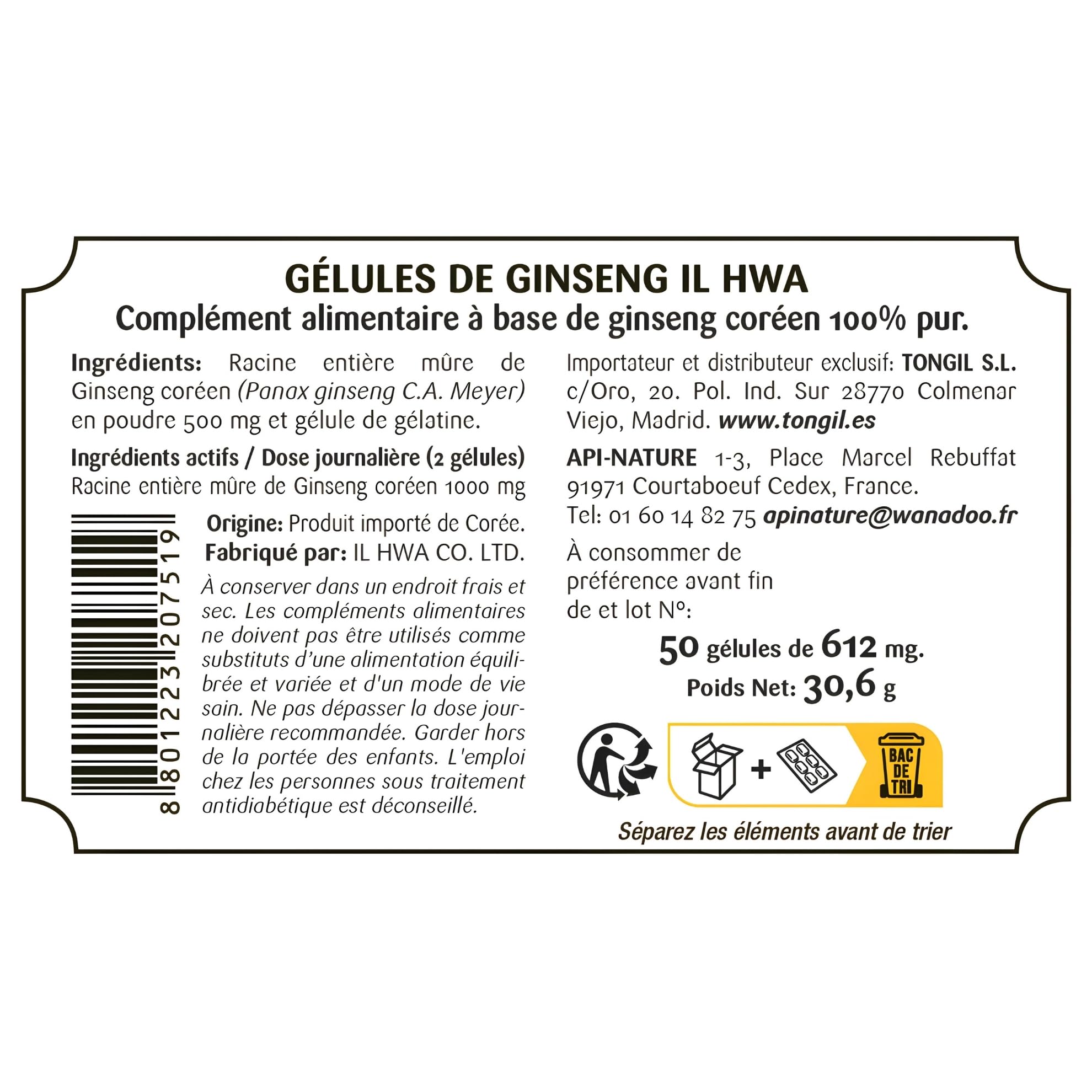 Ginseng de Corée 100% Authentique 500 mg, 50 Gélules | Panax Ginseng Pur Sans Additifs | Énergie Physique et Mentale | Racines de 6 Ans | Qualité Ilhwa