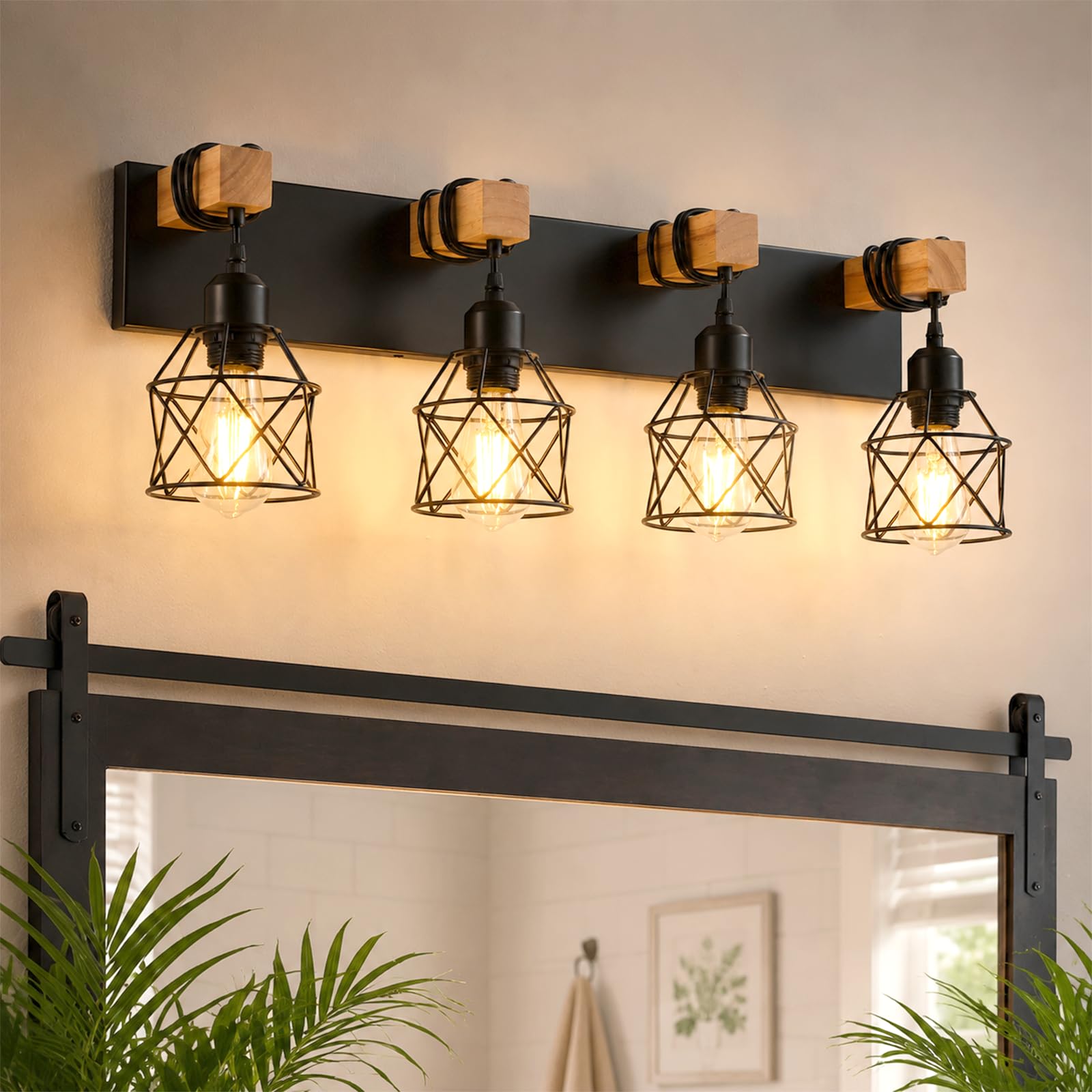 Farmhouse Bathroom Light Fixtures, 4-Light Vanity Lights for Bathroom, Black Wood Bathroom Lighting Over Mirror with Metal Shades, Bulbs Not Included