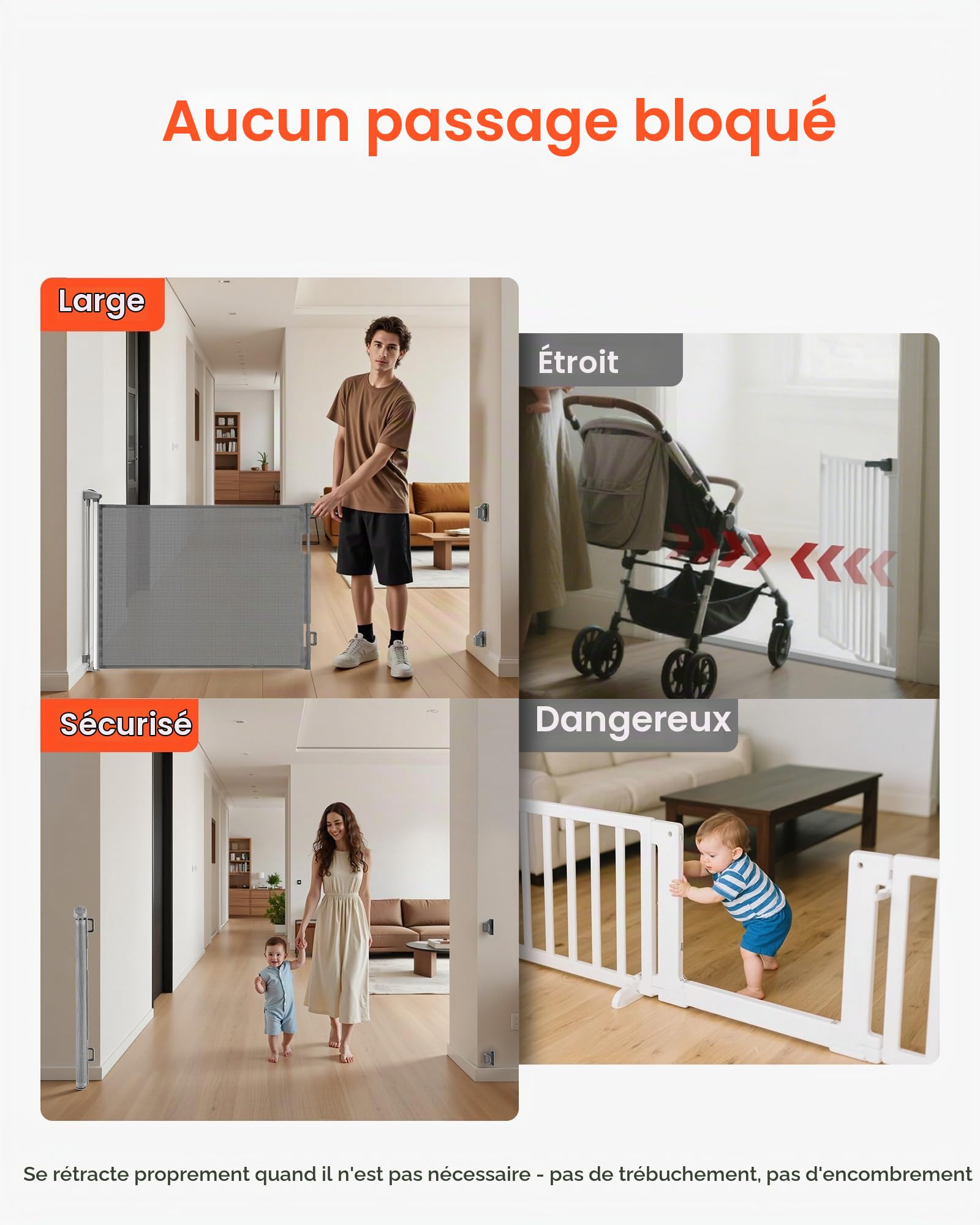 VEVOR Barrière de Sécurité Extensible, Clôture en Maille 185 cm de Large et 79,5 cm de Haut, Barrière Rétractable pour Animaux de Compagnie, avec Verrou de Sécurité, pour Couloir Escalier, Gris