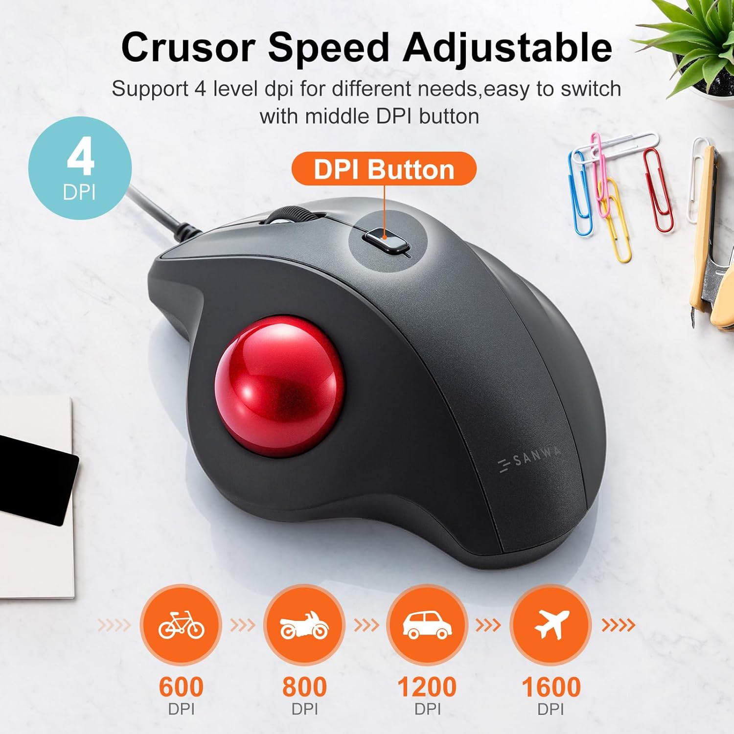 SANWA Wired Ergonomic Trackball Mouse, Optical Vertical Rollerball Mice, Silent Buttons, 34mm Trackball, 600/800/1200/1600 DPI, Compatible with MacBook, Laptop, Computer, Windows, macOS, Red
