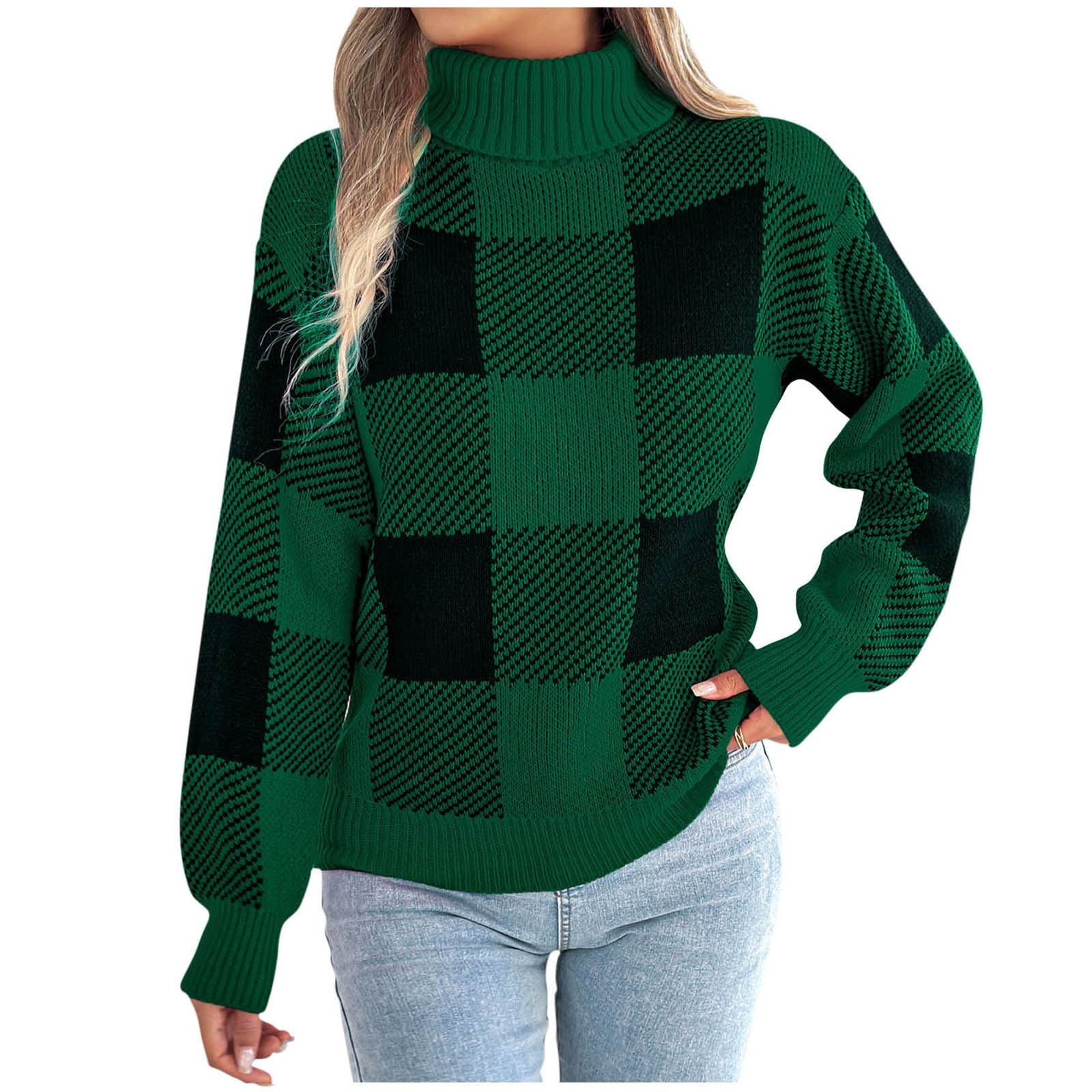 Womens Christmas Plaid Turtleneck Sweater Winter Casual Warm Long Sleeve Color Block Knit Pullover Xmas Holiday Top