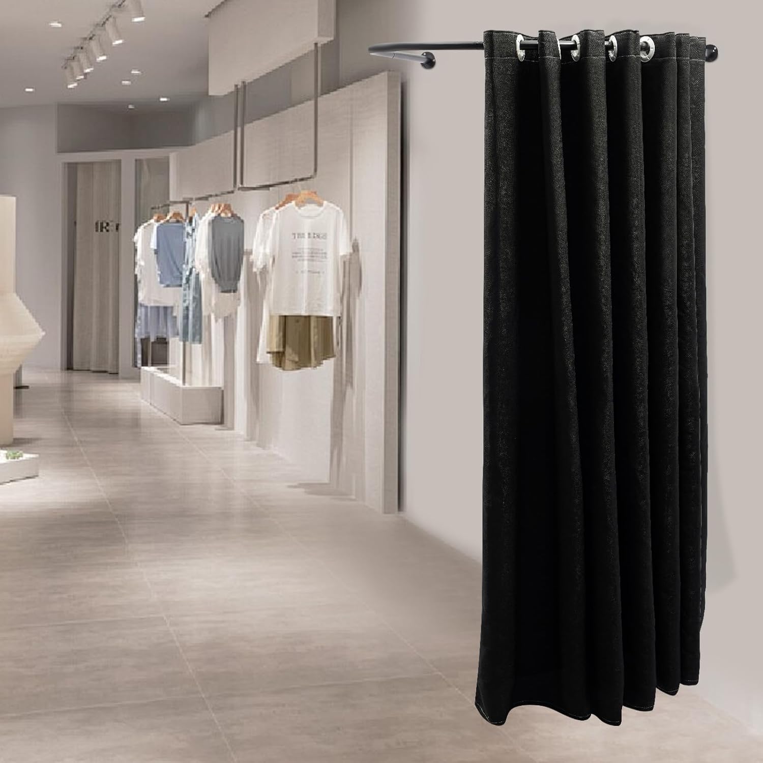 U-Dressing Fitting Room, Clothing Store Dressing Room, Corner Wall Mounted Privacy Protection Changing Room Used in Mall and Office, Hanging Rod&Linen Flannel Fabric Shade Cloth (Black)