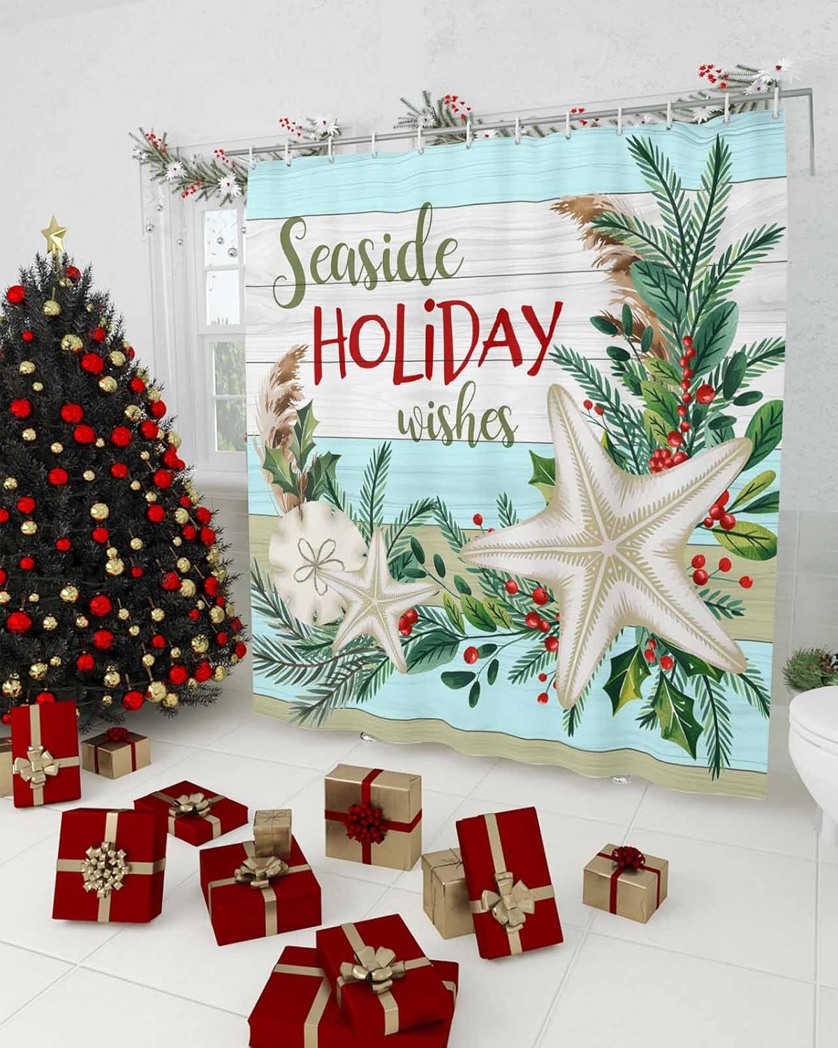 Coastal Christmas Shower Curtain, Waterproof Washable Boho Funny Cute Shower Curtains Set for Bathroom Bathtubs Curtains Decor Set, 72"Wx96"L with Hooks Seaside Holiday Wishes Xmas Beach Starfish