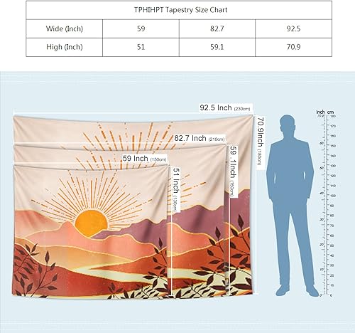 Miniatura 4 de Tapiz de arte bohemio naranja con sol, estético, atardecer, vintage de los años 70, tapiz de montaña arcoíris para sala de estar, dormitorio, aula,