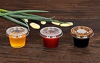 Vista 3 de EDI [1 onza, 100 juegos] Vasos de plástico desechables transparentes con tapas a prueba de fugas Jello Shot, condimento, salsa de inmersión, tazas