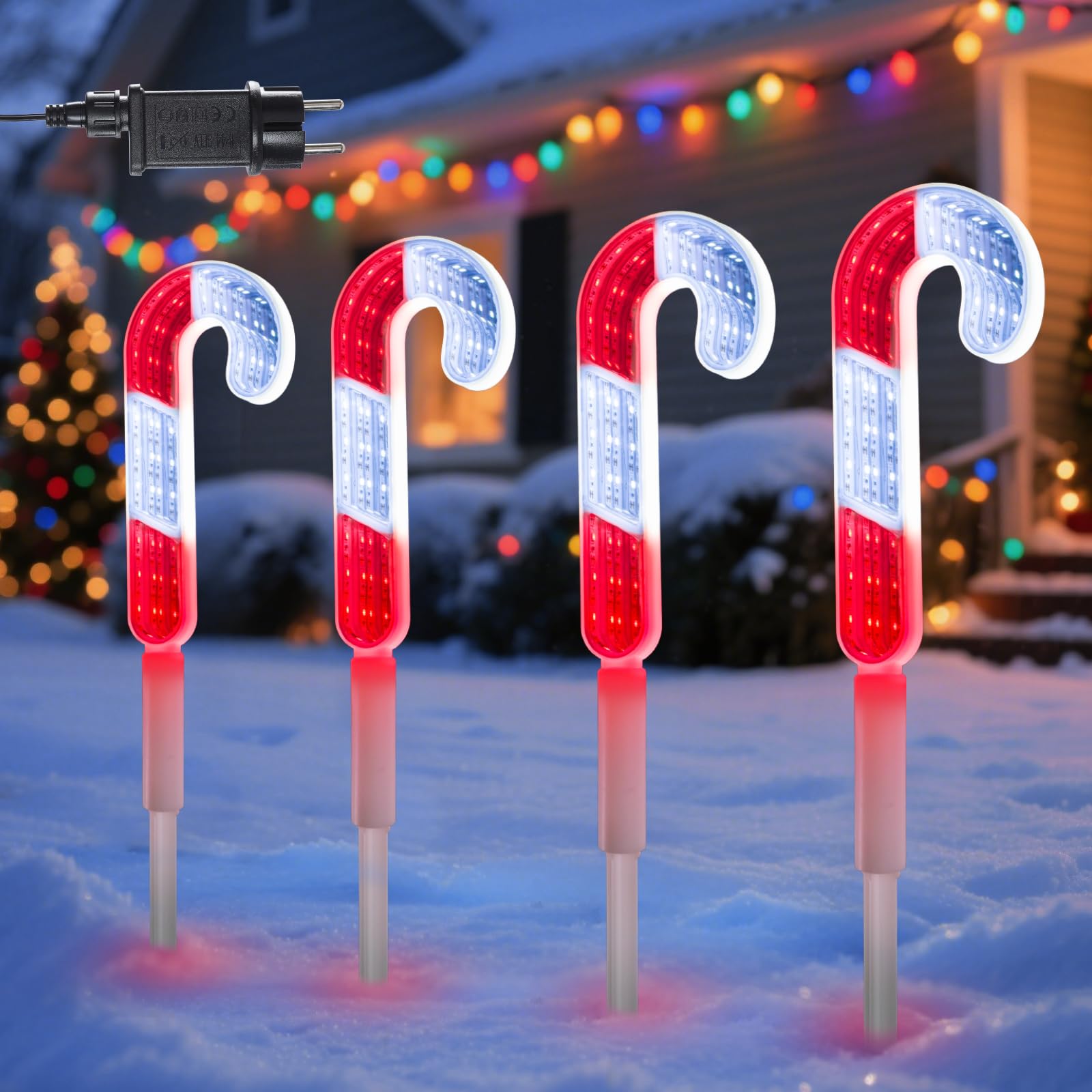 Quntis Luces Navideñas de Jardin Exterior, 4 Bastones de Caramelo con Efecto de Túnel Luces 3D, Luz de Camino Navidad IP44, LED Decorativas Navideñas con Estacas para Jardines, Balcones y Fiestas