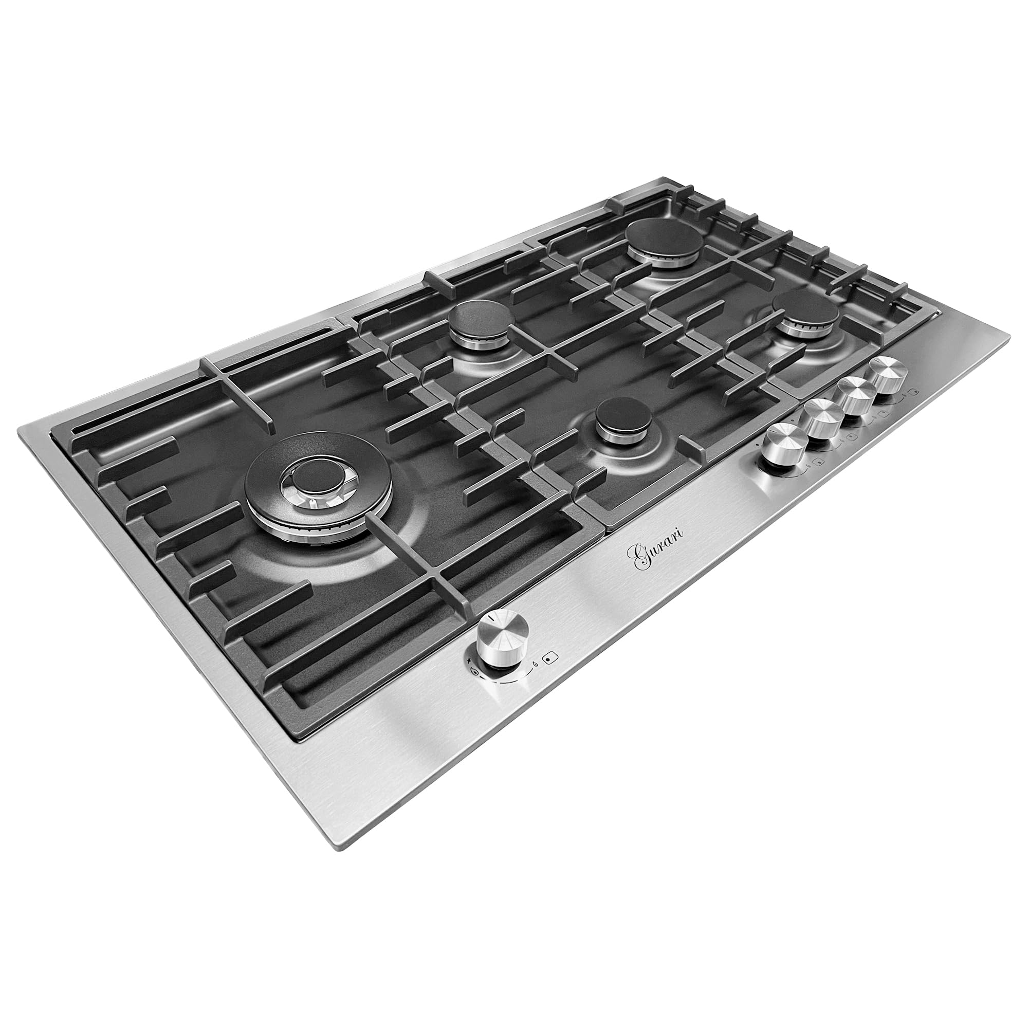 Gurari Gaskochfeld 90 cm Edelstahl/Schwarz TY905VPGC Einbau Gasherd mit 5 Flammen • WOK-Brenner 4,0 kW • Erdgas & Propan (FL.Gas) • Massive Gusseisenroste • Modernes Design • Profi-Qualität