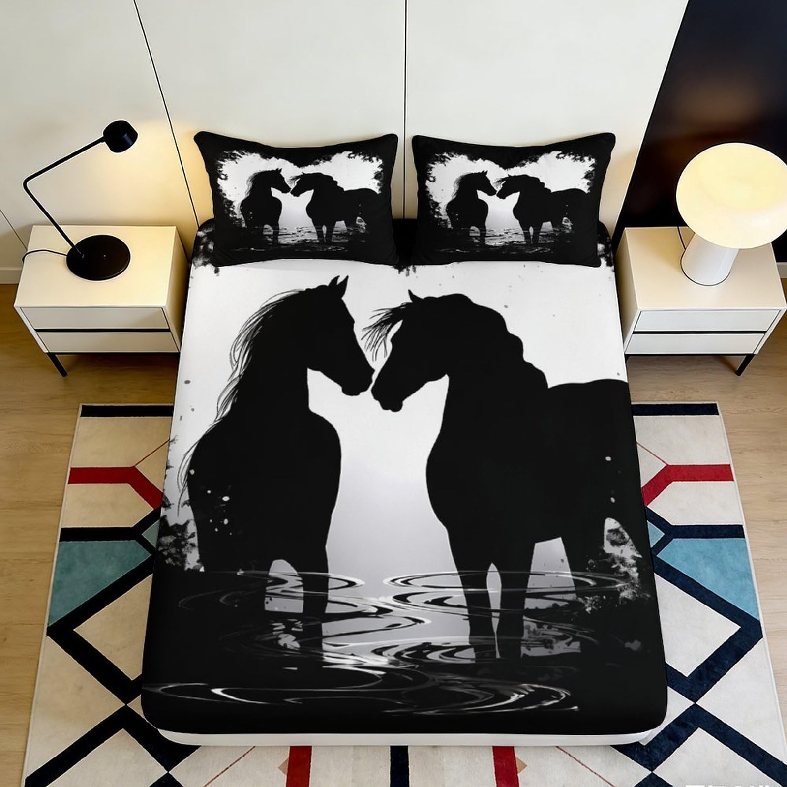3D Printed Black Horse Silhouette Fitted Sheet Microfiber Soft Durable Romantic Horses Bed Cover for Bedroom Dormitory Guest Room Mattress Protection 120x200x25cm