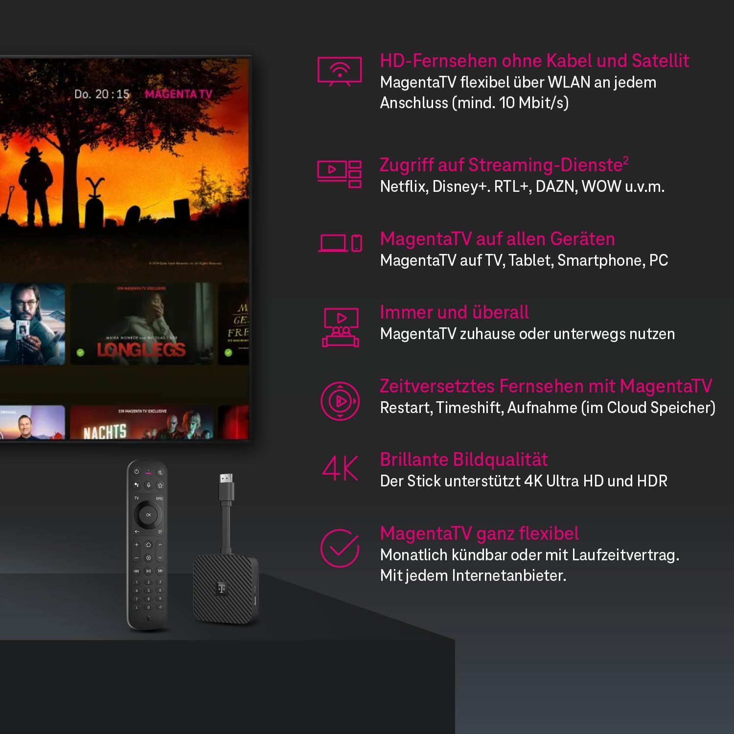MagentaTV Stick 2. Gen. Fernsehen Streaming WLAN 160 HD-Sender 4K UHD HDR