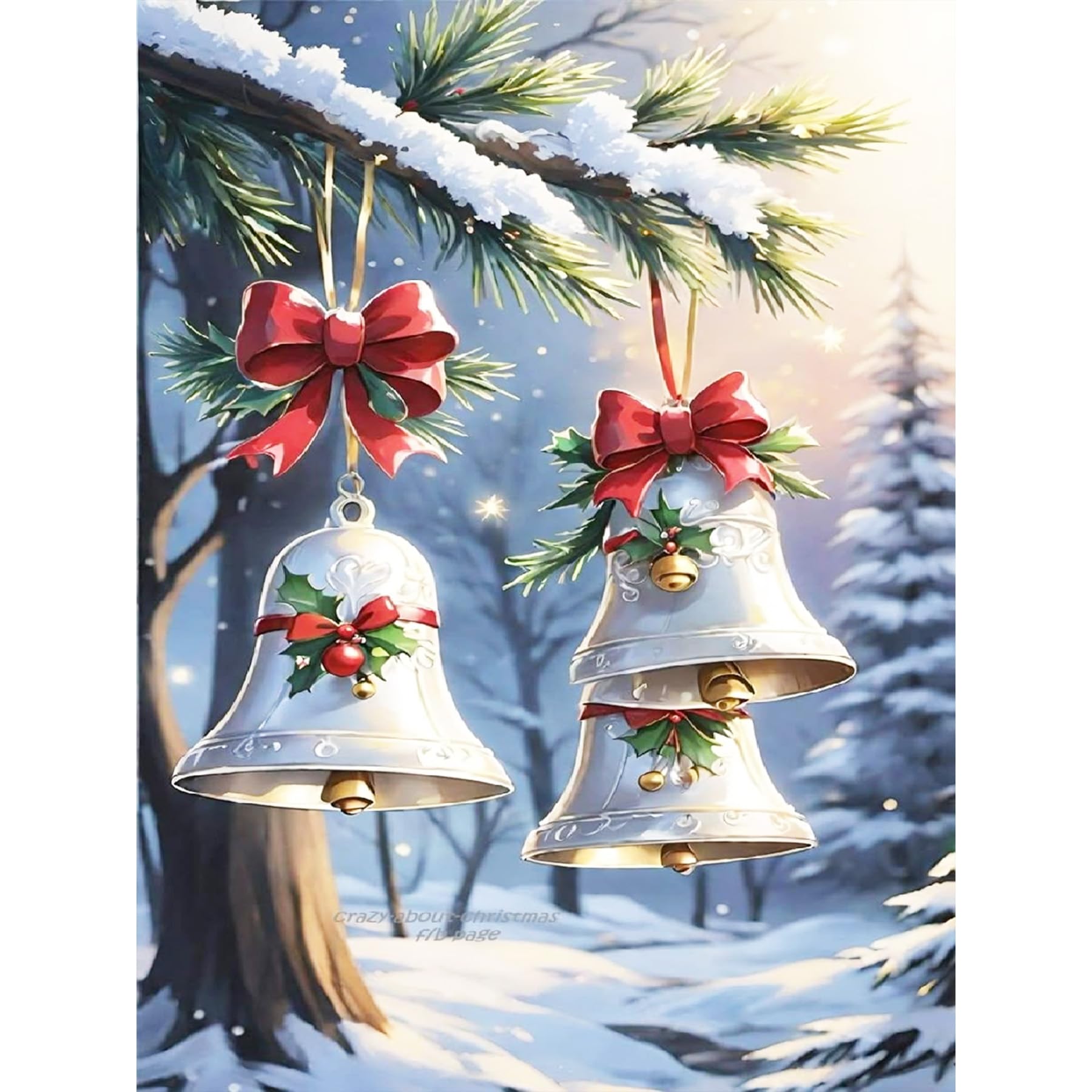 Bowetile Christmas Bells Diamond Painting Art Kits for Adults Full Drill Nightscape Painting Rhinestone Embroidery Pictures for Beginners 5D DIY Gem Arts Crafts for Home Wall Decor 30x40cm