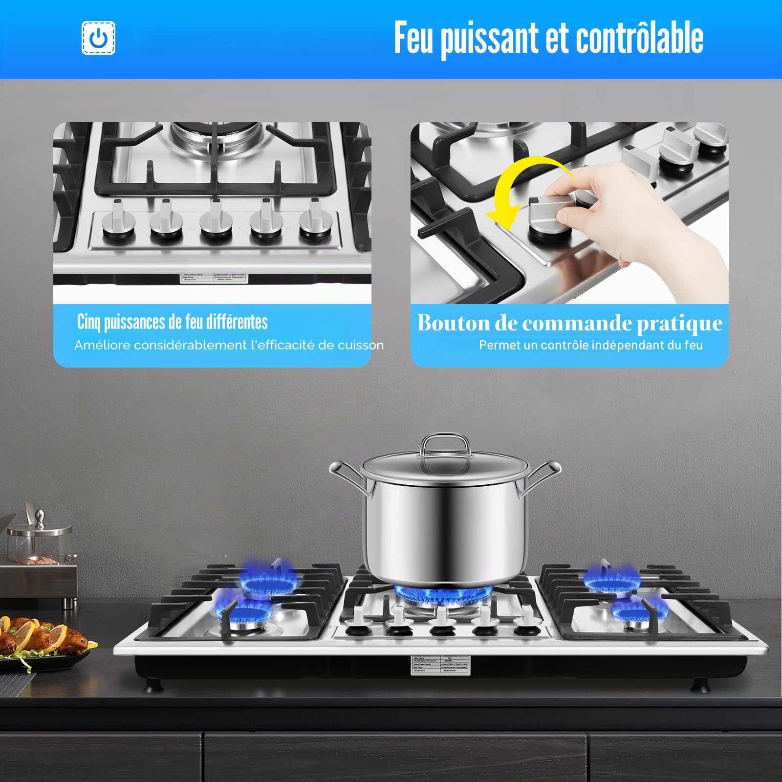 Plaque de cuisson à gaz 5 feux, pour gaz naturel et propane, avec système d'interruption de flamme, pour la maison, les restaurants, 86 x 51 x 8 cm
