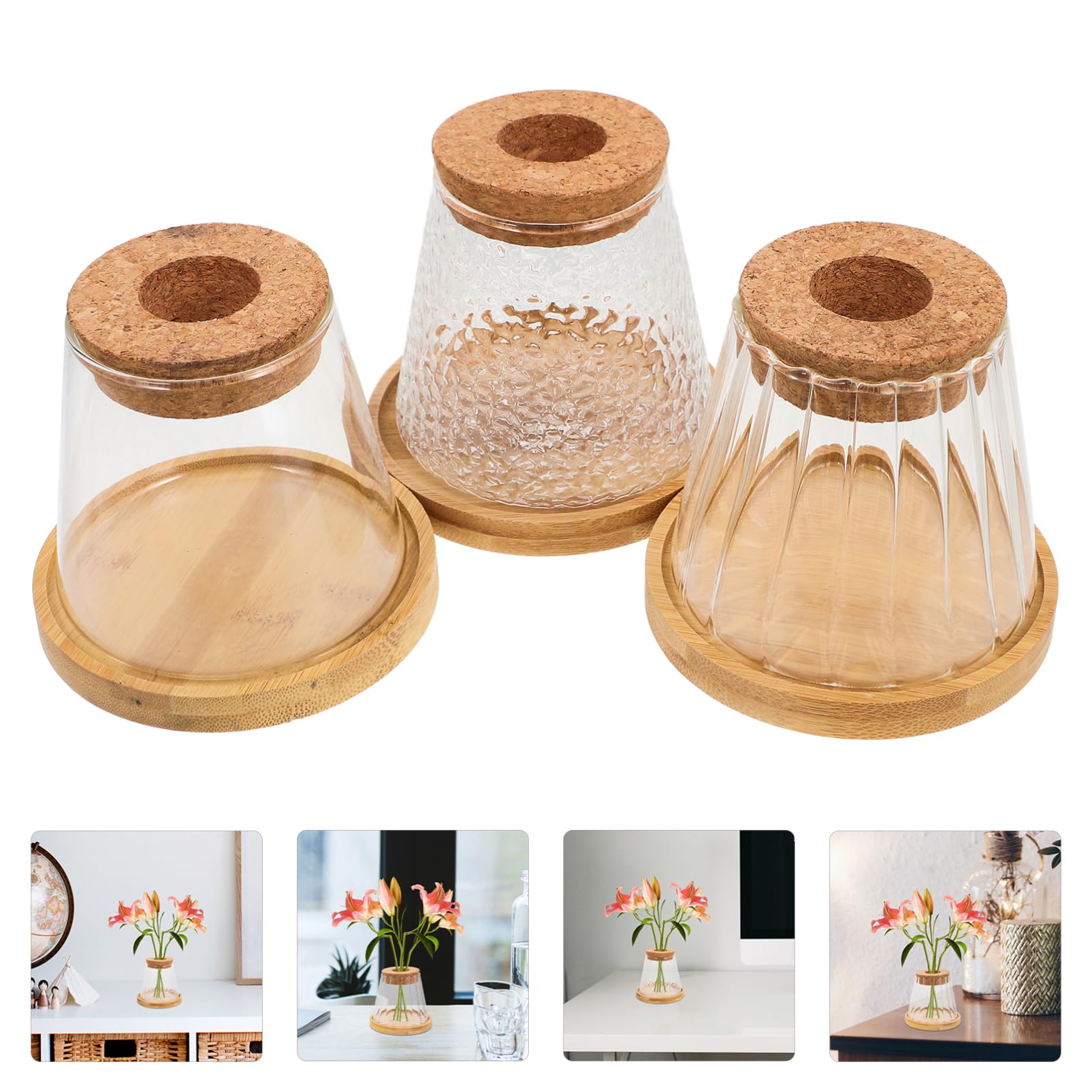 Mikikit 3ensembles Vases De Propagation Verre avec Plateau De Bouteilles Hydroponiques pour Plantes Intérieur Décoration De Bureau avec Liège Et Textures Variées