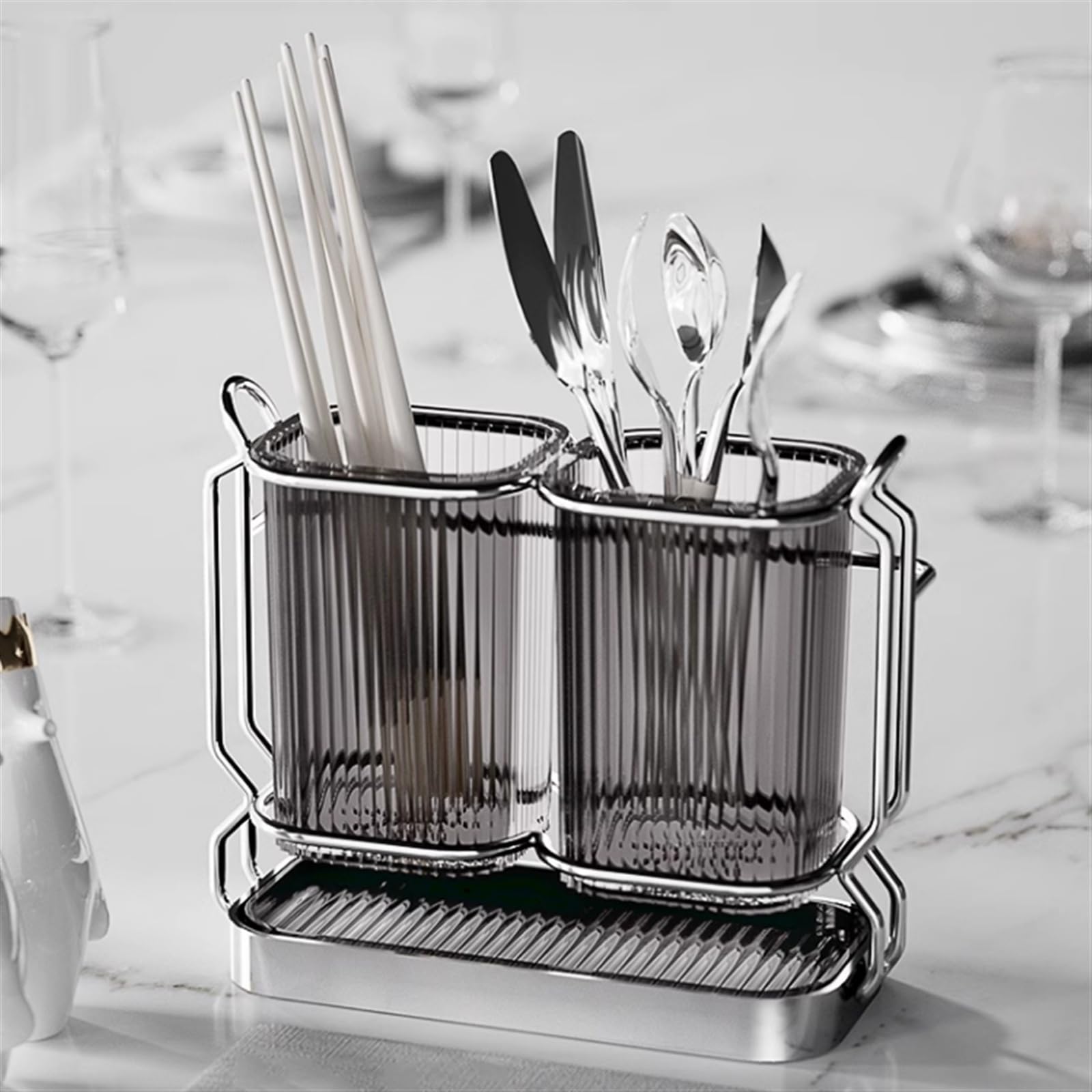 Porta Mestoli Da Cucina In Acciaio Inox - Con Scolapiatti, 3 Scomparti, Fissaggio A Parete O Tavolo - Foto 6