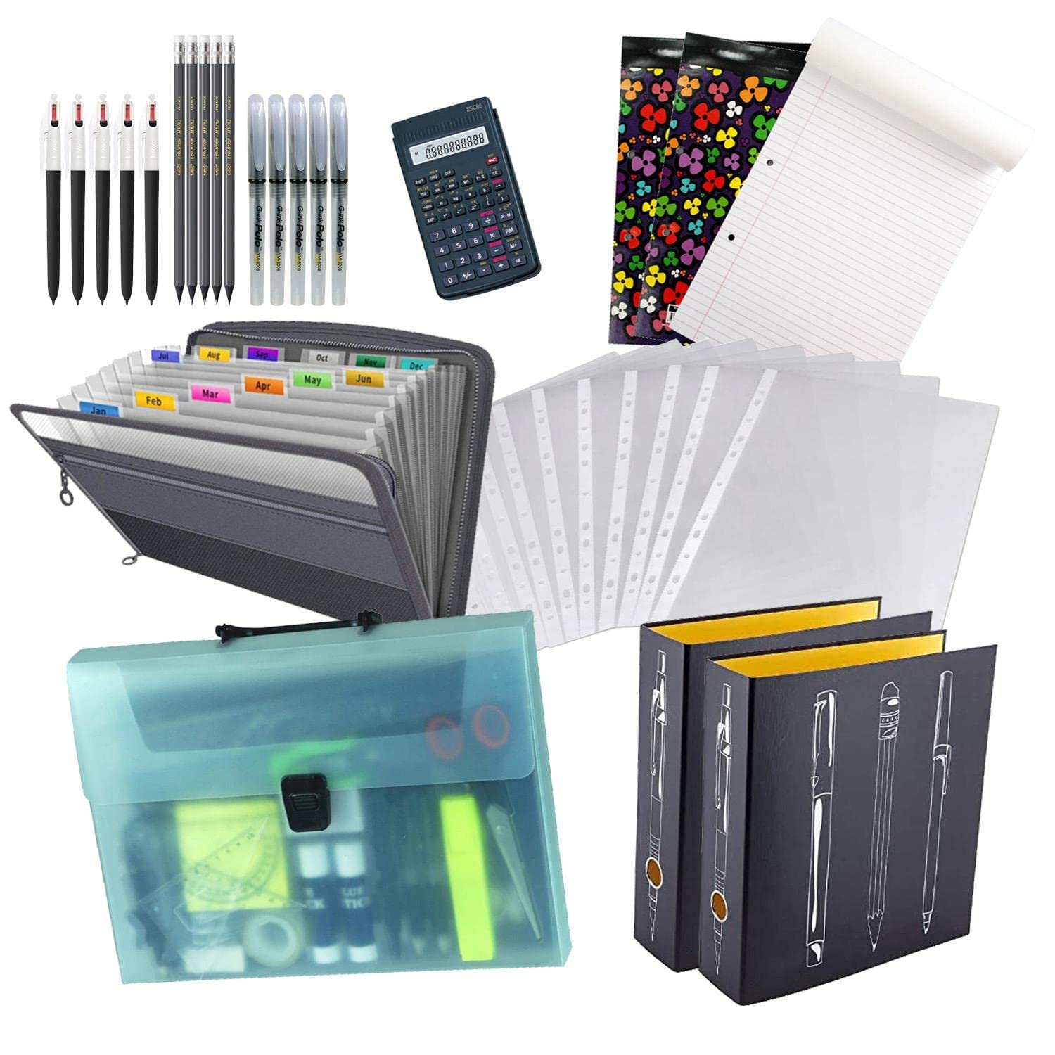 Bumper Study Bundle Set- inc Black Pens Graphic Lever Arch Files x2, Expanding File x1, 100PC Polypockets, 20PC Stationery Set, 5 Pencils, 5 Pens, 5 Gel Pens, Scientific Calculator & 3 A4 Refill Pads!