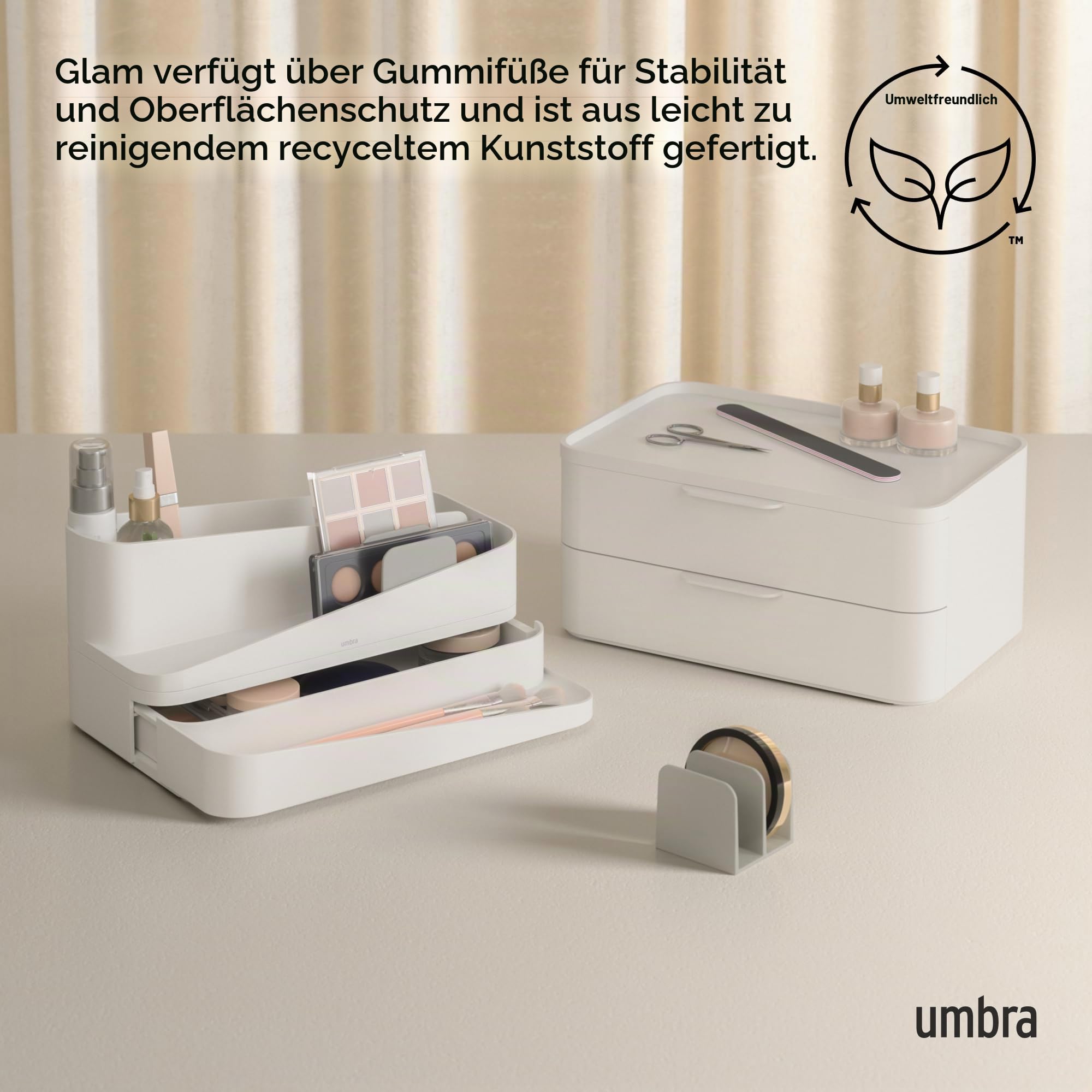 Umbra Glam Kosmetik Organizer, modular stapelbar, Gross, Weiss | Drei Schubladen, herausnehmbare Trennwände, platzsparend, für Bad und Büro, Gummifüße, recycelter Kunststoff