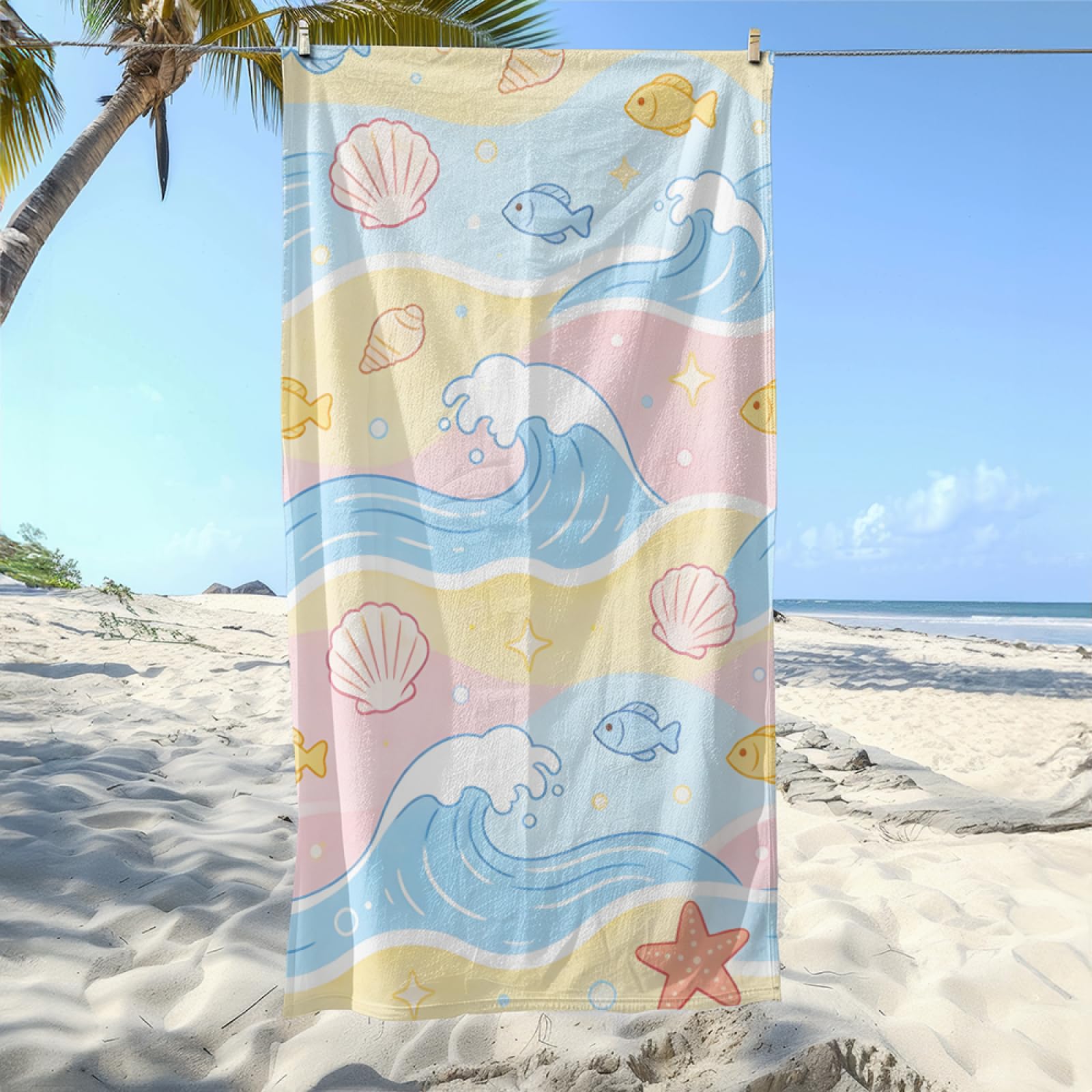 Fouta PlageJaune Bleu Poisson Rose Modèle Surdimensionné avec Diverses Tailles, Respirante et Portable, Parfaite pour Voyages Sorties Piscine et Usage Extérieur Quotidien 90x160 cm