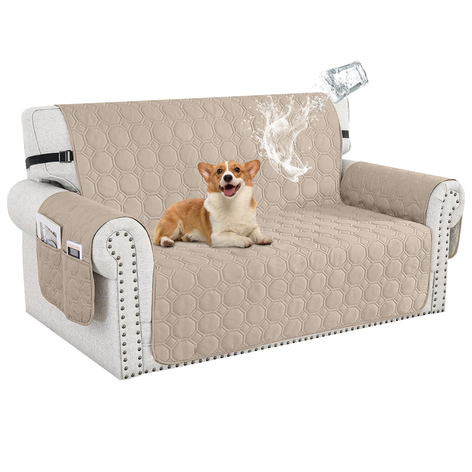 100% Waterproof Sofa Covers for Pets, Non Slip Sofa Slipcovers Couch Cover for Living Room Washable Pet Couch Cover with Elastic Straps Furniture Protector (Beige,2 Seater)