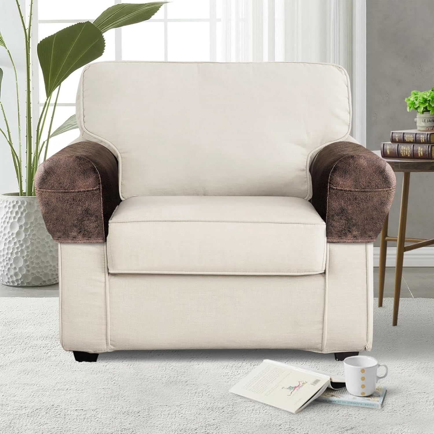 leather look couch arm covers set of 2 armrest covers for sofa chair arm protectors stretch armchair slipcovers with pockets washable spandex fabric (large, brown) large 02brown