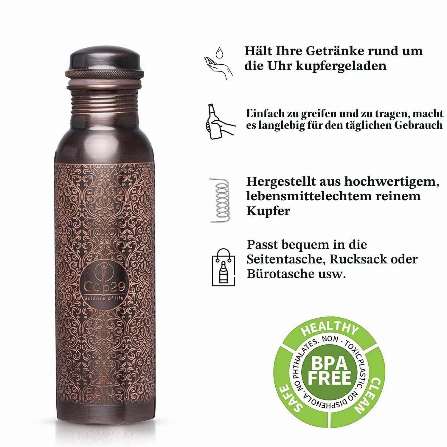 Cop29 handgefertigt graviert Premium Design reines Kupfer Tulpe antike Wasserflasche : Fugenfrei & Auslaufsicher -900ml/30oz