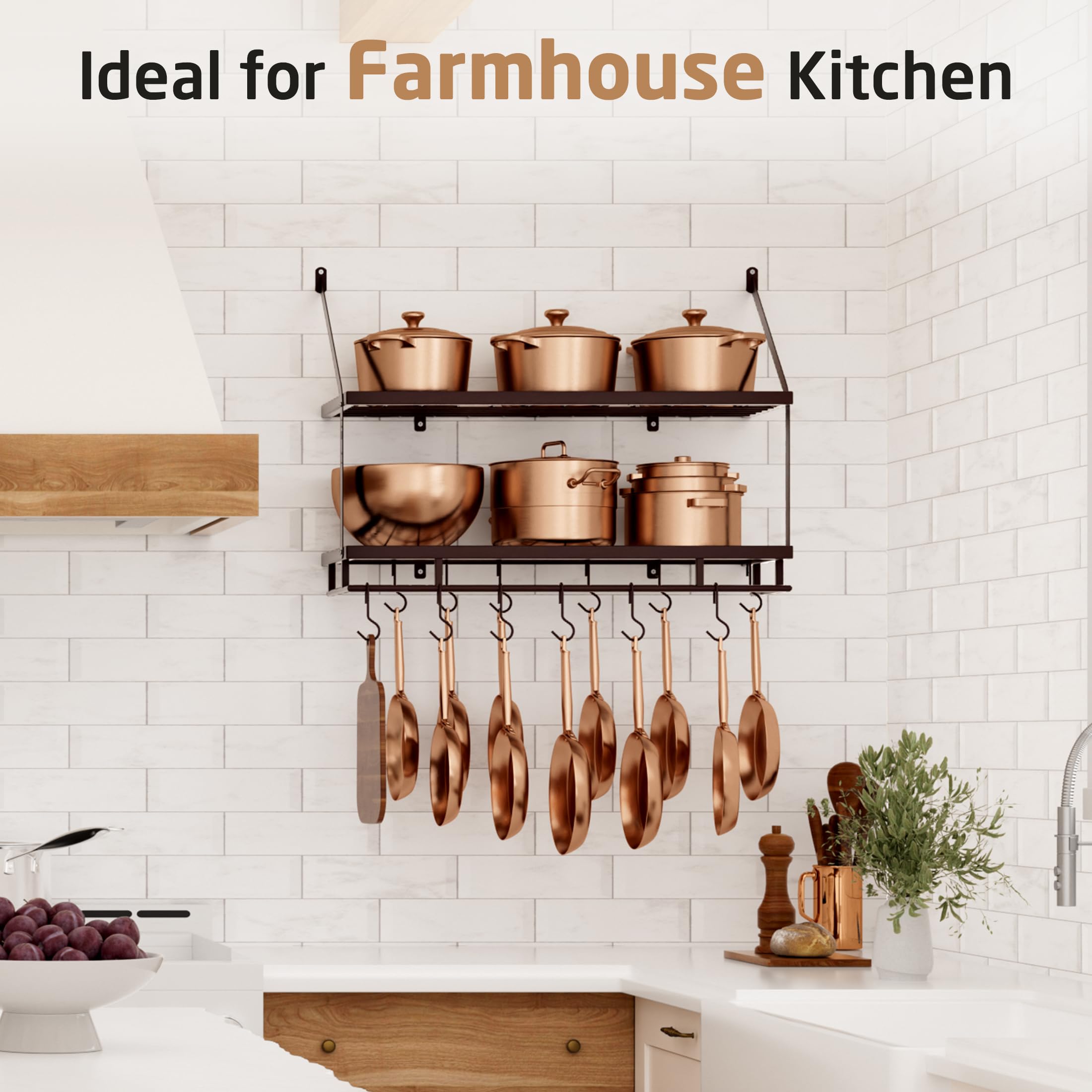 KES KUR215S75B-OB - Portapentole da parete in bronzo oliato, 76 cm, organizer a 2 ripiani per pentole e padelle con 12 ganci robusti, mensole appendiabiti da parete per cucina, stile rustico
