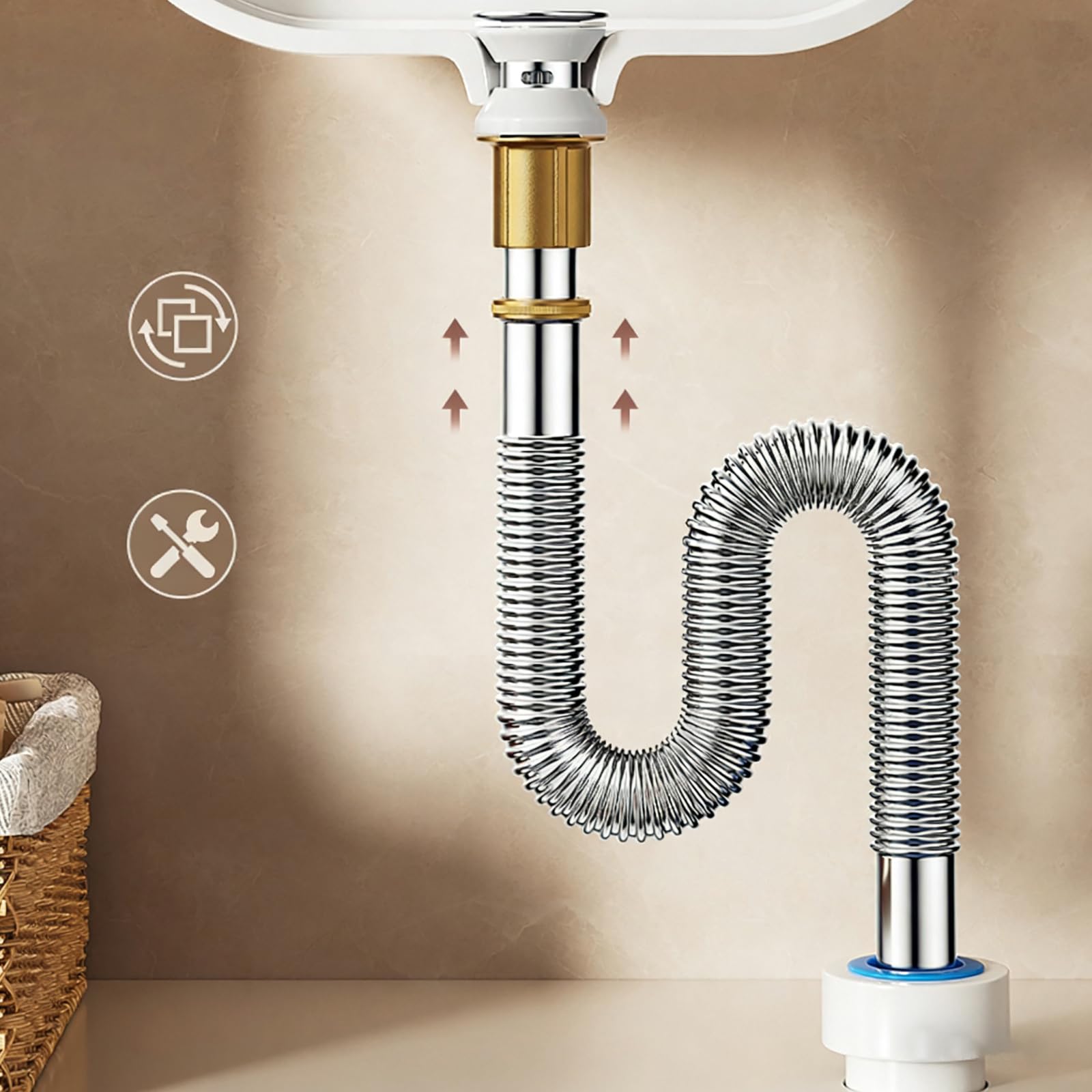 Sifon Lavabo con Rebosadero y Válvula Click Clack Lavabo Regulable en Altura Tubo Flexible Desague Lavabo Fregadero Kit de Desagüe Desague Lavabo