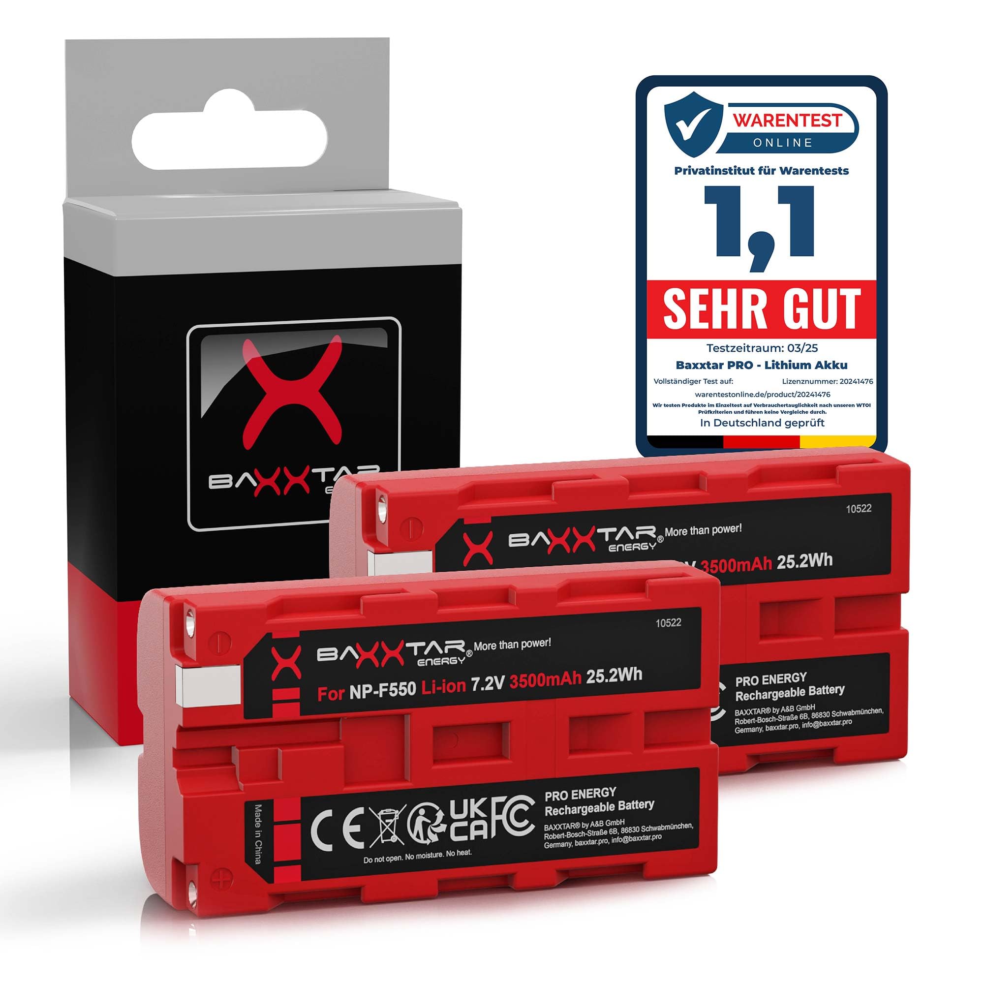 Baxxtar PRO 2x Batteria NP-F550 NP-F570 (3500 mAh / 25,2 Wh) con celle LG – per luci video LED (CN-160 YN-300), monitor da campo e dispositivi Sony NP-F – formato compatto F550